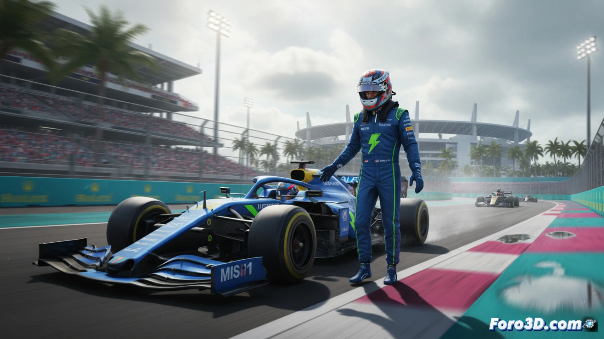 Fernando Alonso, en su monoplaza verde, cruza la meta en Miami bajo un cielo nublado, con gesto serio y neumáticos lisos en pista mojada.