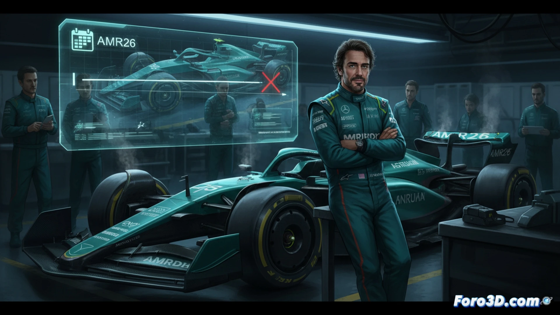Fernando Alonso, sereno, mira al horizonte desde el garaje de Aston Martin, con el AMR26 en segundo plano, mecánicos trabajando.