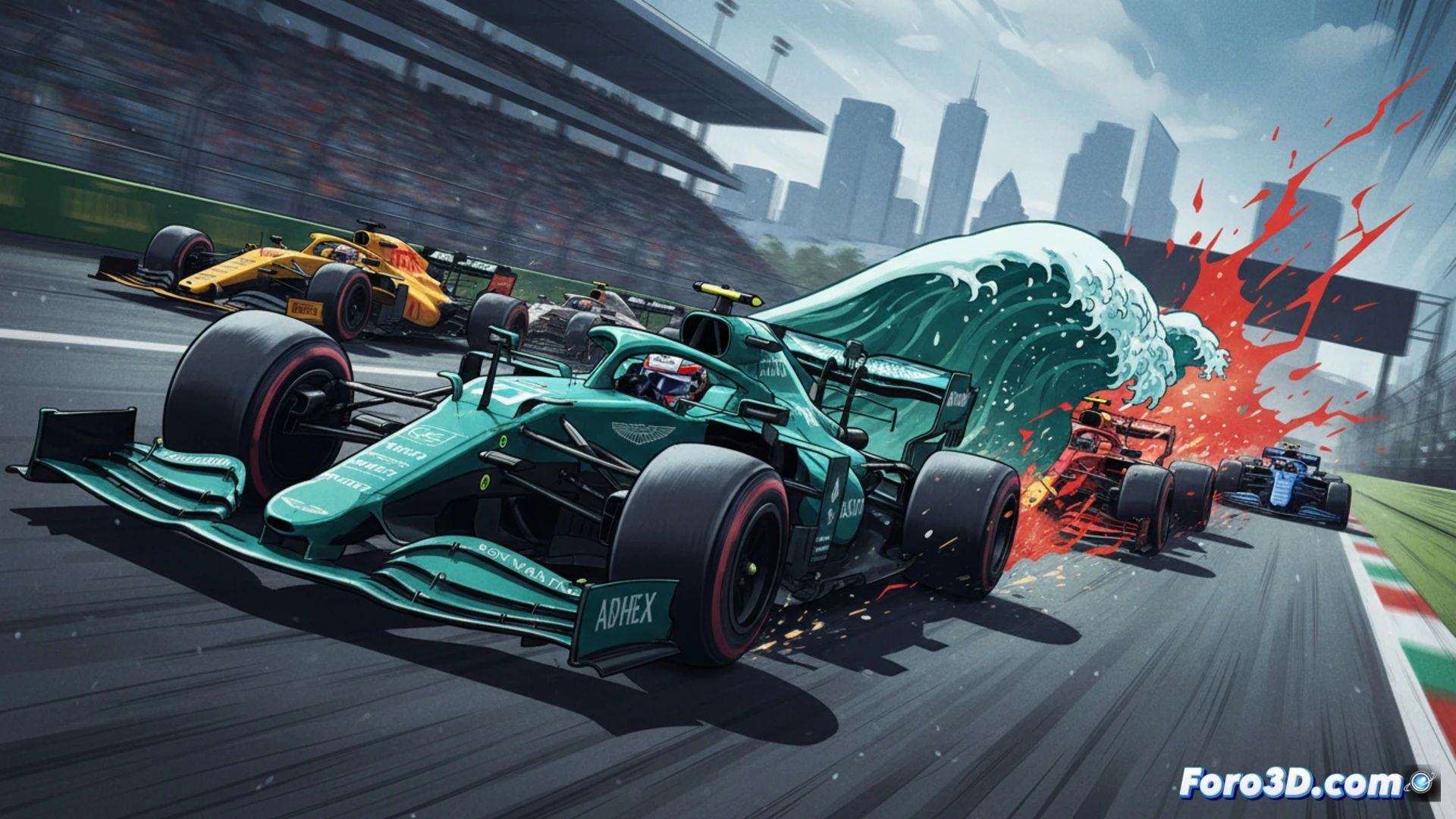 Fernando Alonso en plena remontada en el circuito Gilles Villeneuve, monoplaza Aston Martin AMR25 acelerando en curva cerrada con alto ángulo de dirección, neumáticos traseros perdiendo tracción sobre asfalto húmedo, humo blanco levantándose de los frenos traseros, alerón trasero con flujo turbulento visible, suspensión delantera comprimida mostrando carga aerodinámica, tres monoplazas rivales adelantando por velocidad punta en el fondo, barreras de protección de concreto, banderas de advertencia ondeando, estilo cinematográfico de ingeniería, iluminación nublada de tarde, render fotorrealista técnico, detalles de carbono y fibra en la carrocería, movimiento borroso en ruedas y fondo.