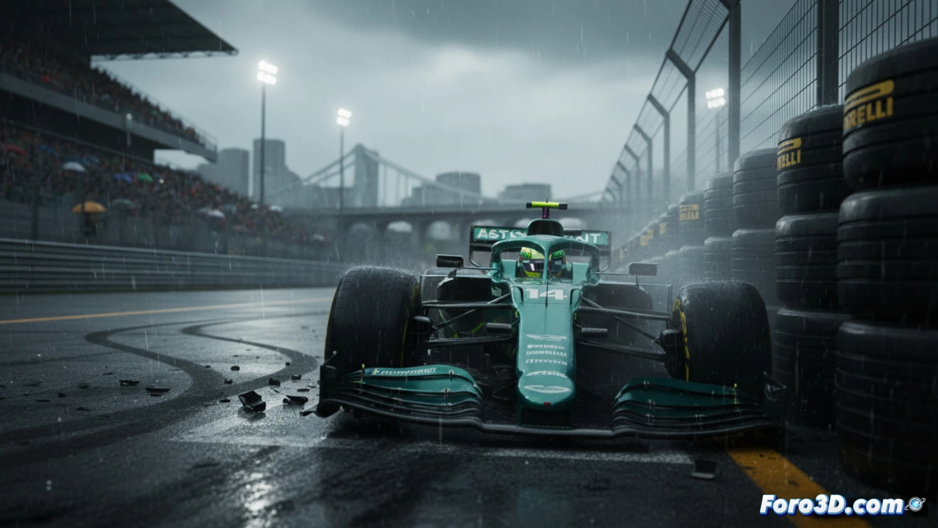 F1 single-seater crashing into tire barrier at Circuit Gilles Villeneuve, front-left suspension collapsed after brake lock-up, wheel detached and carbon fiber debris scattered on track, Aston Martin AMR24 with damaged nose cone and exposed suspension components, sparks from titanium skid block sliding on asphalt, smoke from locked tires visible, wet track surface reflecting pit lane lights, cinematic motorsport photography style, dramatic low-angle shot capturing impact moment, high contrast lighting, realistic crash physics, photorealistic technical illustration