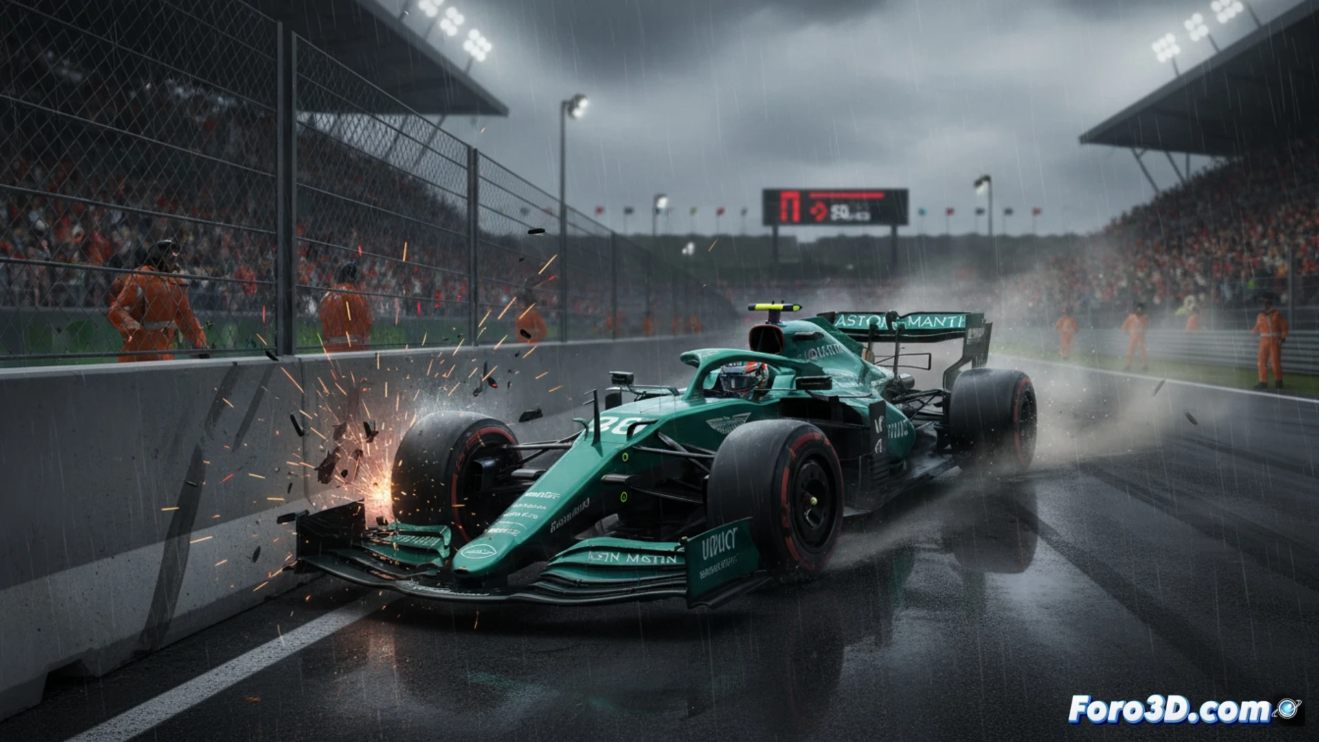 Fernando Alonso AMR26 F1 car crashing into concrete wall at final chicane of Circuit Gilles Villeneuve during SQ1, rear suspension components breaking apart, carbon fiber debris scattering across wet track surface, front wing digging into grass runoff area, sparks flying from titanium skid block, dramatic side-impact force visible on cockpit survival cell, cinematic photorealistic racing accident scene, high-speed motion blur, dark overcast Montreal sky, red and green track curbing, marshals waving yellow flags in background, ultra-detailed mechanical damage visualization, realistic crash impact physics