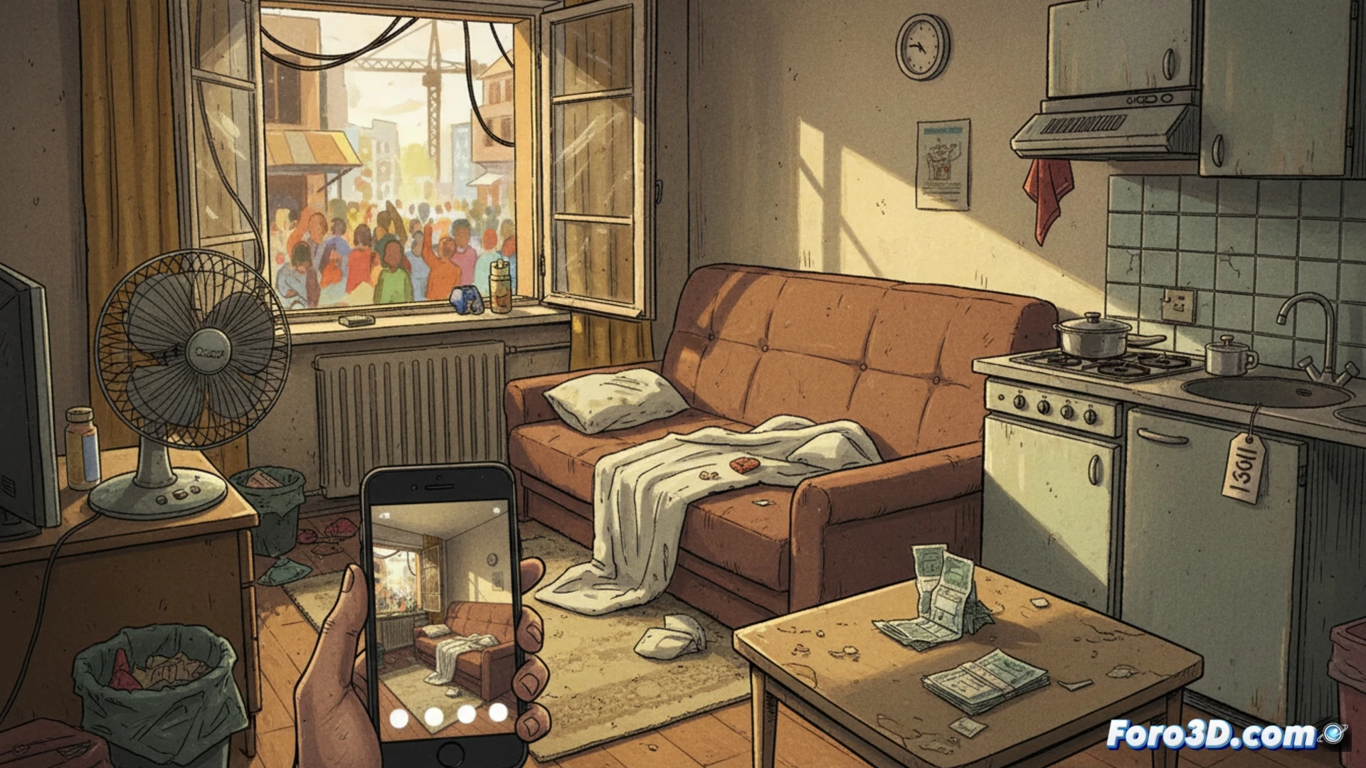 Photorealistic scene of a tourist unpacking a suitcase in a cramped, poorly maintained apartment, while a digital tablet on the table shows an idealized rental listing with a pristine pool and modern interiors, contrasting with peeling wallpaper, a broken air conditioner unit leaking water, and a loud neighbor’s shadow visible through a thin wall, cinematic lighting highlighting the disparity between the glowing advertisement and the dusty, hot room, technical details like a thermostat reading 35°C and a cracked smartphone displaying a surging price graph, dramatic shadows and harsh sunlight streaming through dirty windows, ultra-detailed textures of worn furniture and rusted fixtures, realistic architectural visualization.