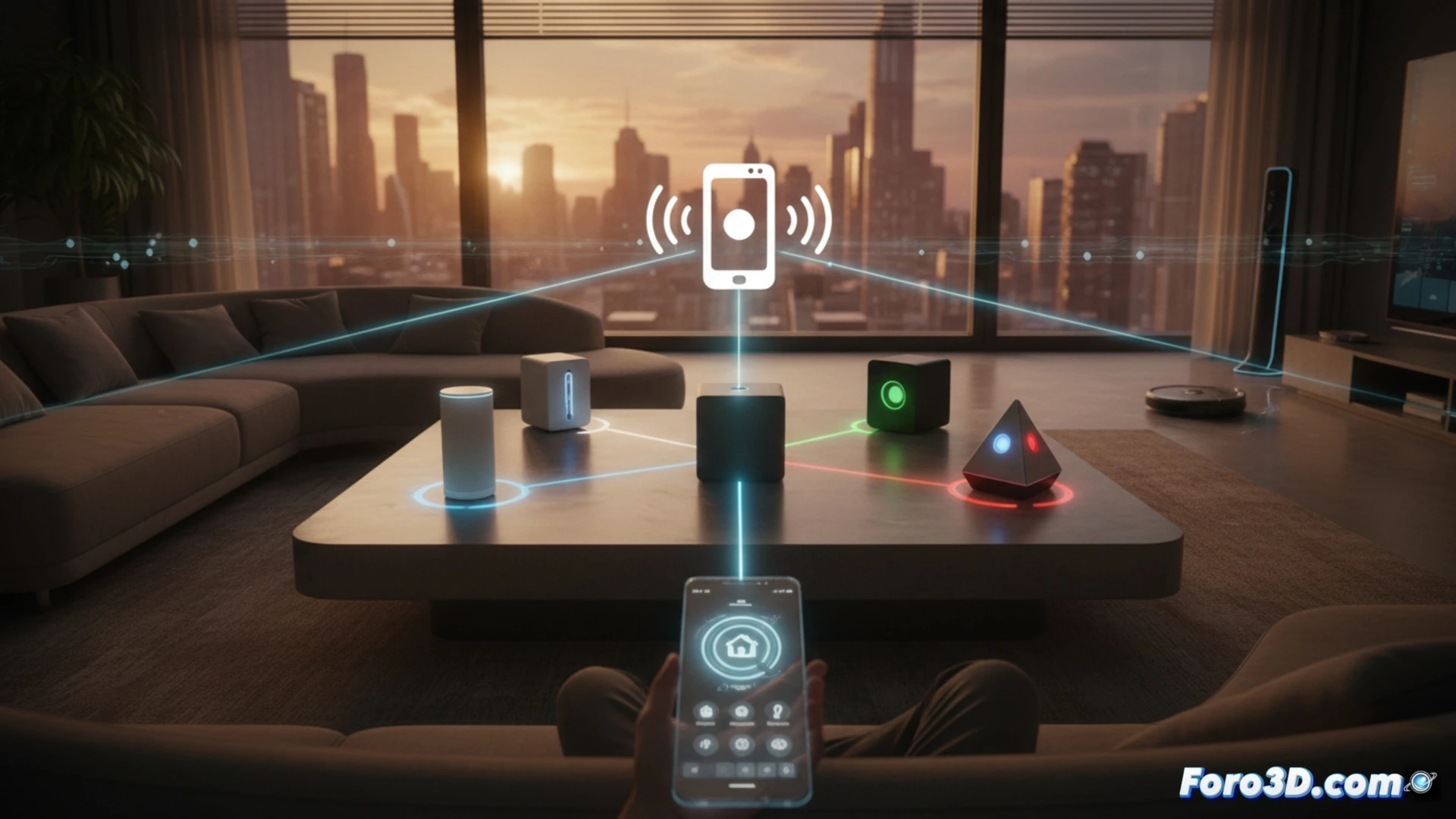 photorealistic technical illustration, modern minimalist living room at night, smartphone held by a hand in foreground dominating the composition, glowing screen displaying a smart home control dashboard with icons for lights, music, timer, and voice assistant, a smart speaker on a side table in the background emitting a faint white glow but visually secondary and blurred, invisible wireless connection lines between phone and speaker, cinematic lighting with cool blue tones on phone and warm amber tones on speaker, shallow depth of field emphasizing the phone as the central command hub, demonstrating the smartphone as the primary controller while the speaker remains a passive peripheral, ultra-detailed textures on phone glass and speaker fabric, dramatic contrast between active phone screen and idle speaker