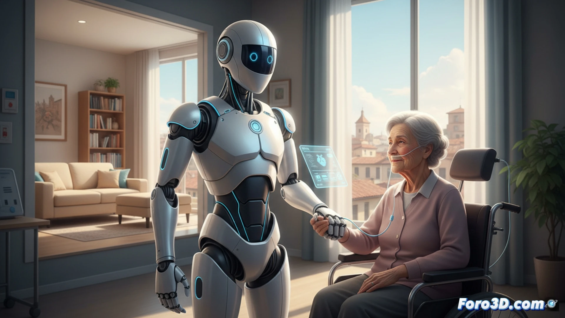 robot humanoide Alter-Ego de 120 cm asistiendo a paciente con ELA en silla de ruedas, manos robóticas suaves sosteniendo un vaso de agua, ruedas del robot en movimiento sobre suelo de hospital, pantalla táctil en el pecho mostrando interfaz de control remoto, médico supervisando desde una tableta al fondo, luces de sensores LIDAR activos en la cabeza, brazos articulados en acción de entrega, fondo de habitación clínica con monitor de signos vitales, estilo cinematic photorealistic, iluminación suave blanca y azul, texturas metálicas y plásticas detalladas, profundidad de campo, sombras suaves, render técnico ultra realista