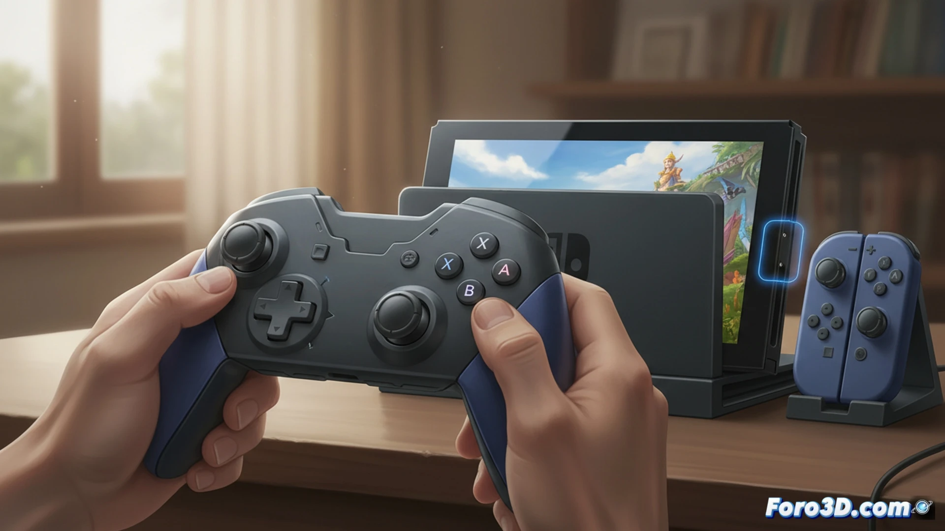 Un Joy-Con de Switch 2 junto a mandos alternativos ergonómicos de terceros, con agarre mejorado y diseño sin drift.