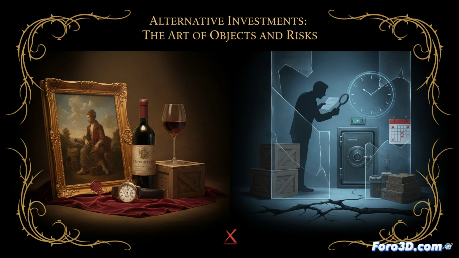 Ultra-detailed photorealistic scene of a luxury watch and a rare wine bottle inside a high-tech climate-controlled vault, a gloved hand using a magnifying loupe to inspect a watch movement for authenticity, a digital hygrometer showing humidity levels, a security seal on a storage crate, soft dramatic lighting highlighting dust particles and reflective surfaces, cinematic composition emphasizing the contrast between opulence and hidden fragility, technical illustration style with precise shadows and textures.
