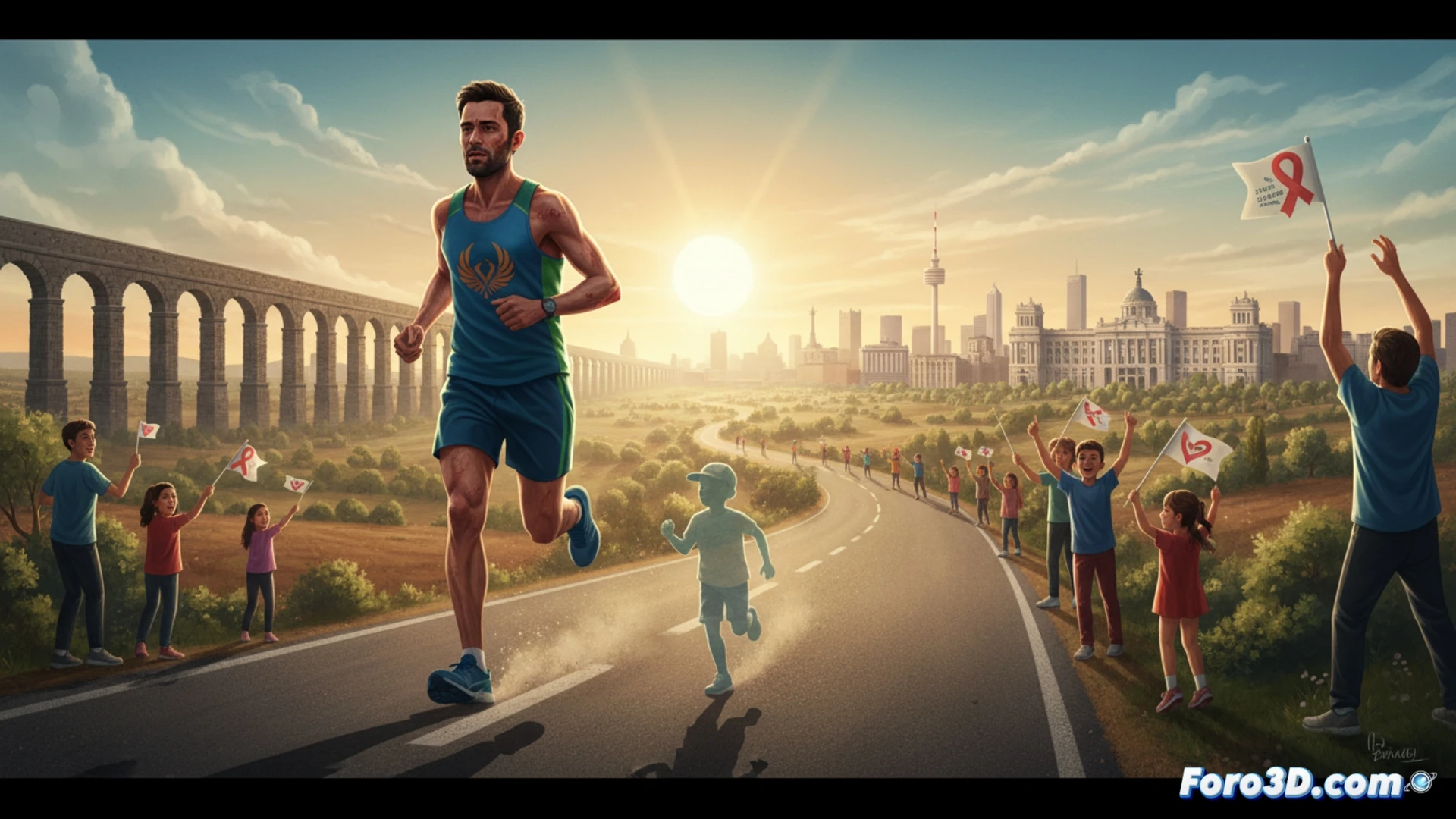 Álvaro Trigo, con cicatrices, corre 107 km de Segovia a Madrid, apoyado por la Fundación Aladina, por la infancia contra el cáncer.