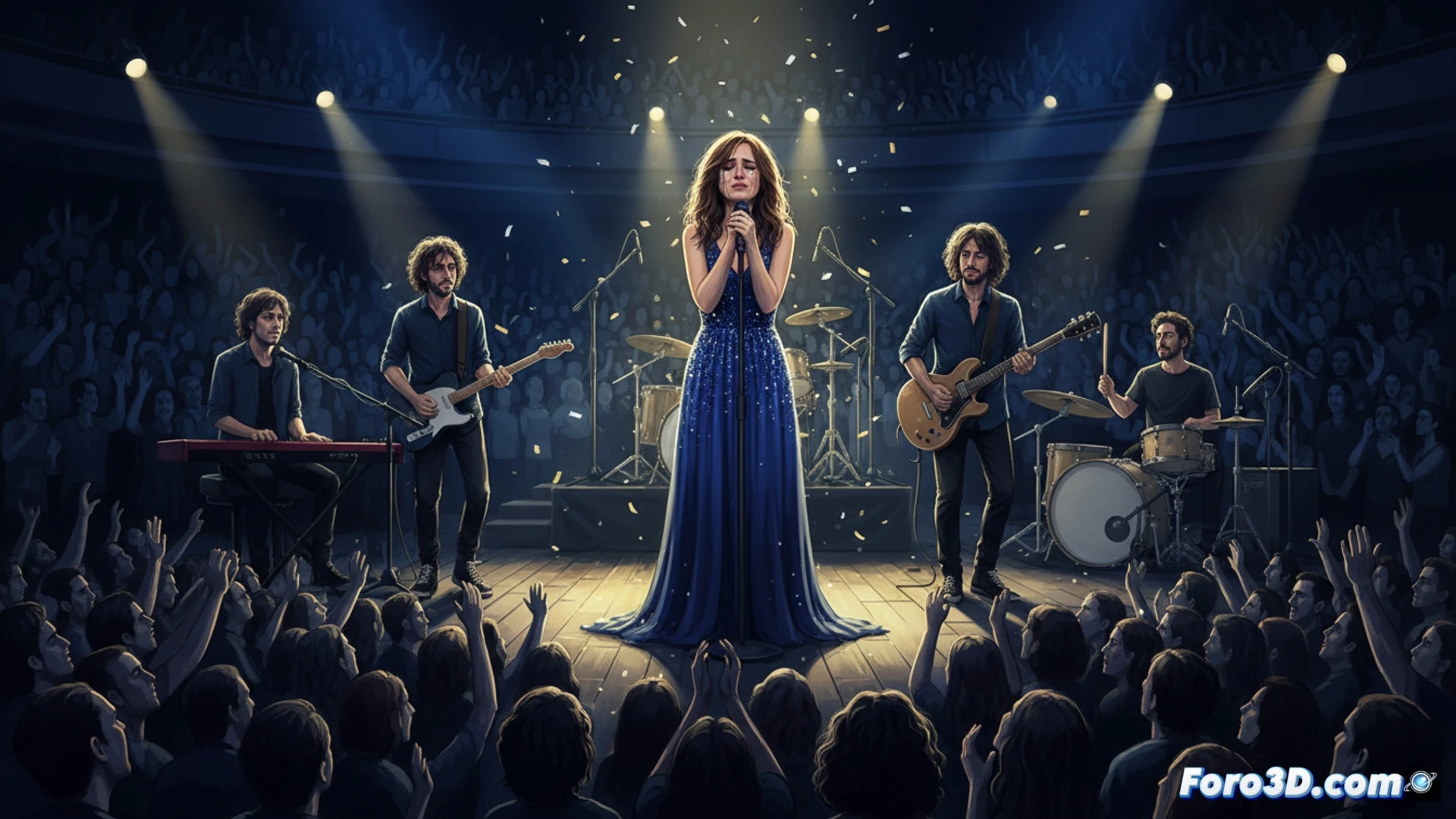 Amaia Montero en el escenario del concierto de Madrid, micrófono en mano izquierda mientras la mano derecha tiembla ligeramente sobre el soporte metálico, luces cálidas de spotlight cruzando su rostro con sombras de fatiga, La Oreja de Van Gogh tocando detrás con guitarras eléctricas y teclados iluminados en azul, público emocionado con brazos levantados y pañuelos blancos, cables de monitores y pedestales negros visibles en el suelo del escenario, lágrimas brillando en sus mejillas mientras canta con esfuerzo visible, cinematic photography, dramatic concert lighting, photorealistic detail, emotional tension captured in motion, profundidad de campo suave, alto contraste entre luces y sombras