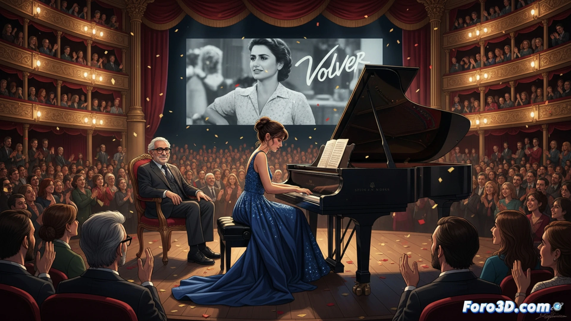 Amaia Romero tocando un piano de cola negro en un escenario minimalista del Festival de Cannes, sus dedos presionando teclas blancas y negras durante el clásico Volver, micrófono de condensador dirigido al piano, luces cálidas de tungsteno iluminando su rostro concentrado, audiencia en penumbra con siluetas inmóviles, reflejos del piano pulido sobre el suelo de madera oscura, atmósfera de respeto y emoción contenida, estilo cinematográfico photorealistic, profundidad de campo limitada, grano de película sutil, paleta de colores cálidos y sombras profundas, encuadre cenital ligero mostrando la acción de las manos sobre el teclado
