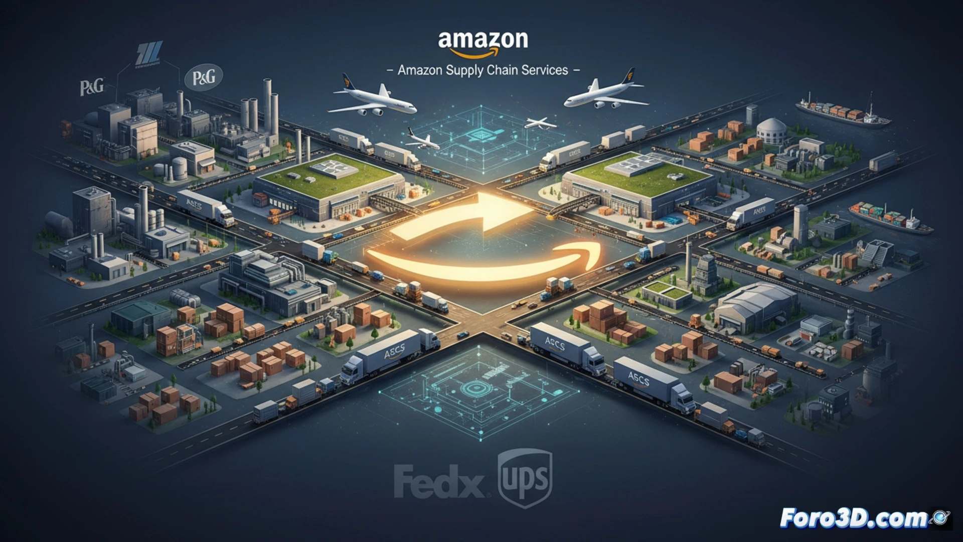 Una representacion visual de la cadena de suministro de Amazon: camiones y aviones con el logo de ASCS transportan paquetes de P&G, 3M y American Eagle, simbolizando la logistica como servicio externo.