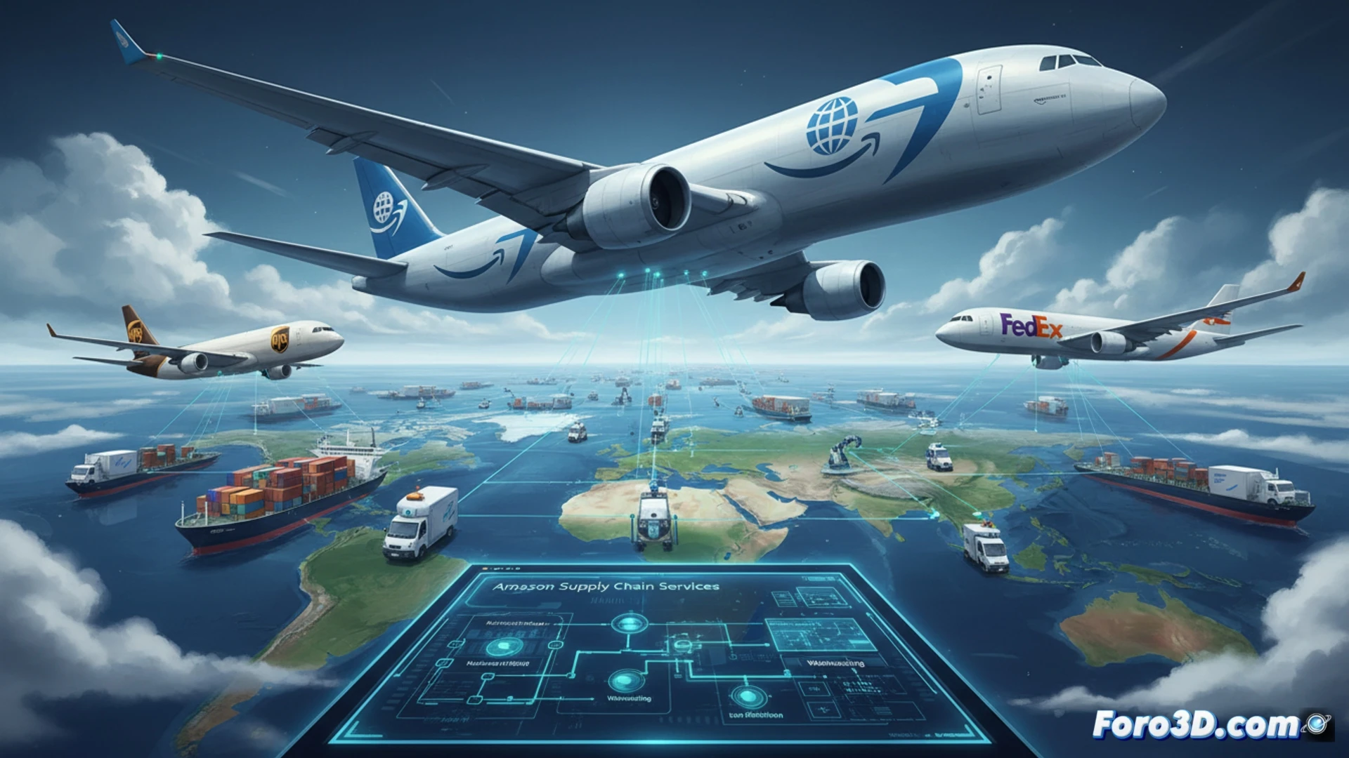 Un mapa del mundo con rutas logísticas conectando almacenes de Amazon, mientras camiones y aviones con el logo ASCS superan a los de UPS y FedEx, simbolizando el desafío directo.