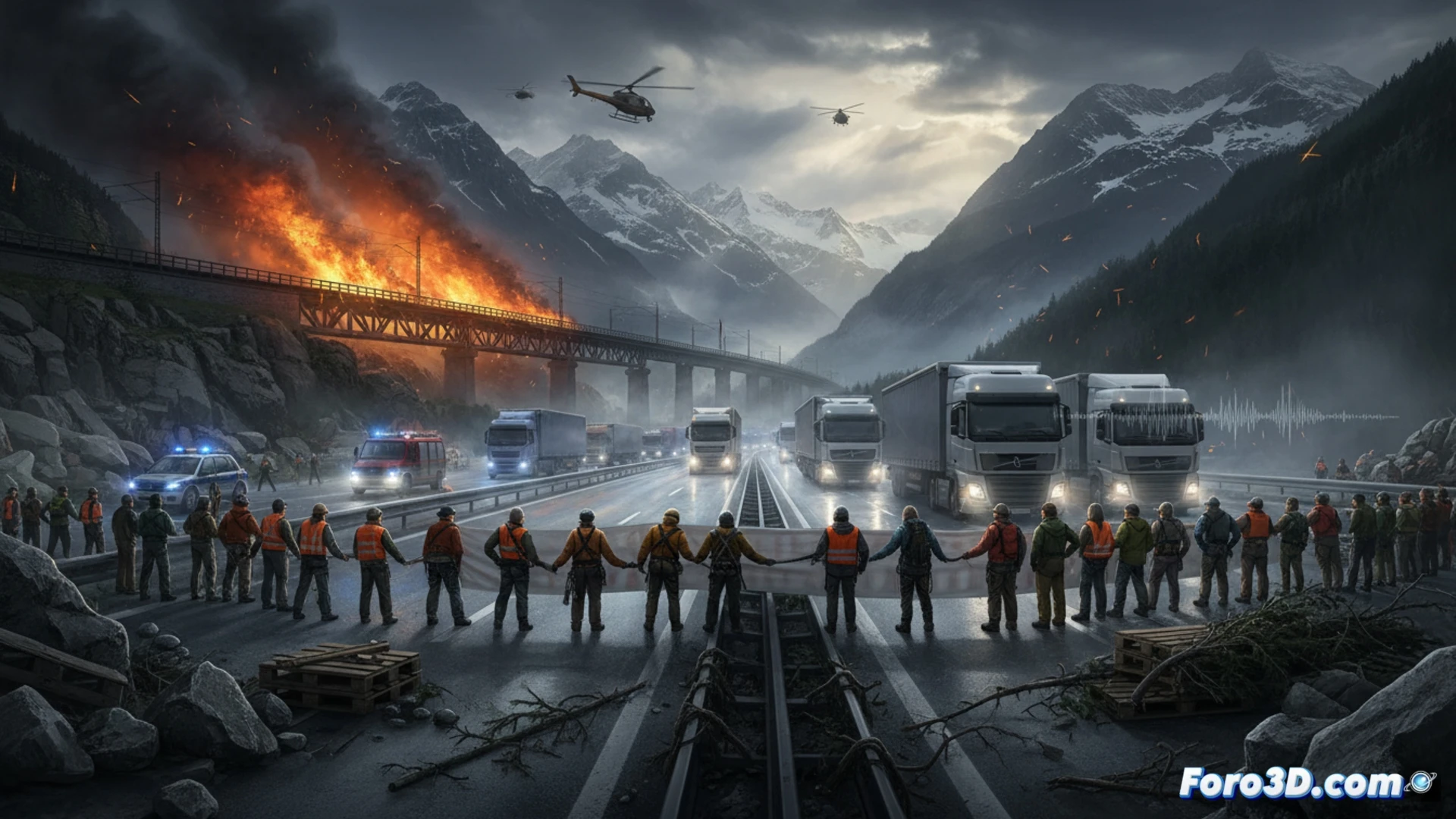 Large scale protest blocking Brenner highway, 500 activists sitting on asphalt holding banners, dense line of stopped trucks and cars stretching into foggy alpine valley, parallel railway tracks on mountainside with smoke rising from burning signal equipment near a sabotaged switch, Austrian police in high-vis vests redirecting traffic to side roads, digital road signs showing detour warnings, cinematic photorealistic style, wide angle shot emphasizing scale, dramatic overcast sky, motion blur on distant fleeing figure near railway, realistic smoke effects, ultra-detailed vehicles and safety barriers, tension between peaceful civil action and infrastructure sabotage