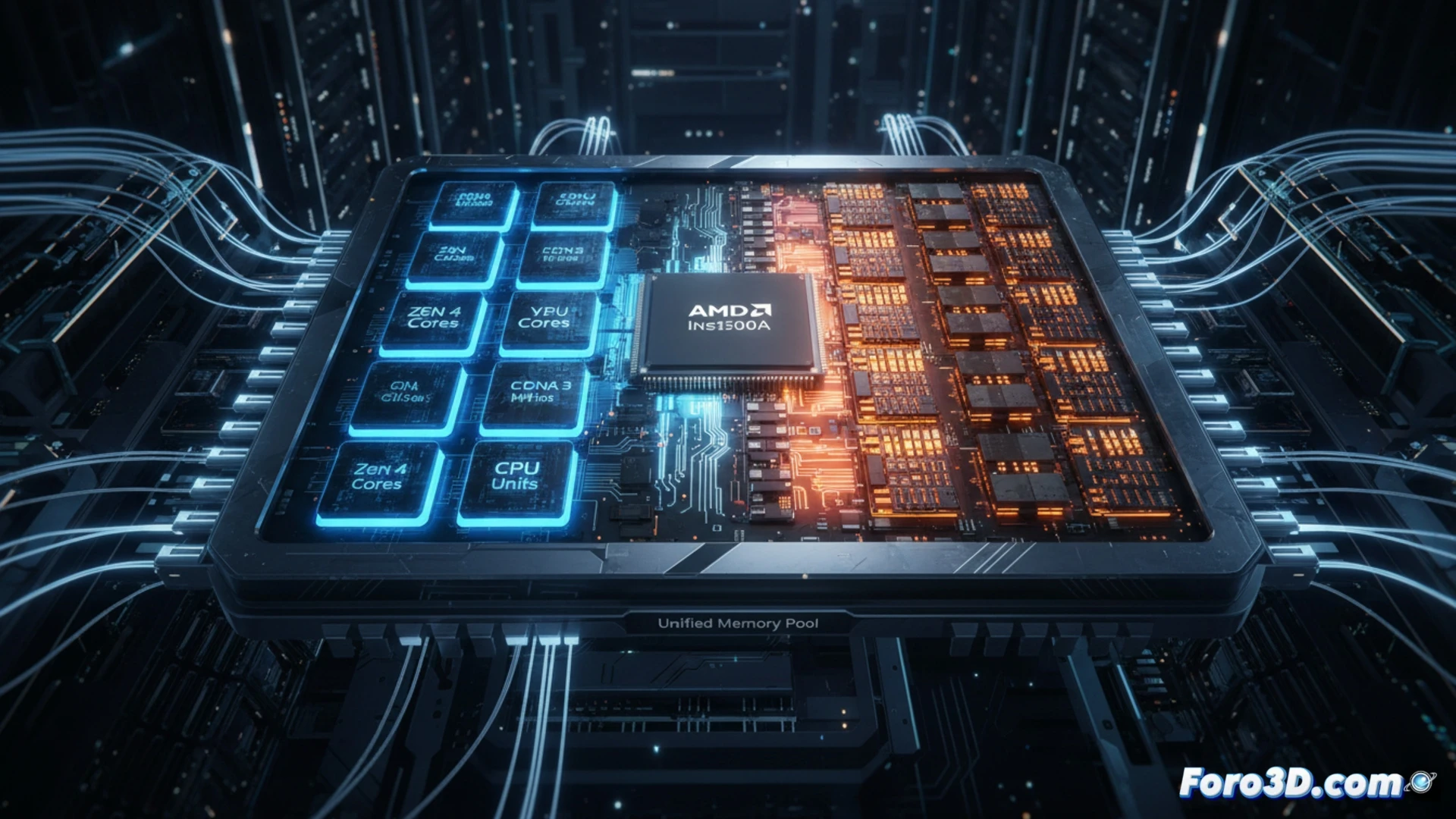 Photorealistic engineering visualization of AMD Instinct MI300A APU chip being assembled in a data center server rack, robotic arm placing the unified package onto a motherboard while glowing orange data streams flow between CPU and GPU sections, transparent die showing Zen 4 cores and CDNA 3 compute units interconnected through unified memory fabric, cooling system with copper heat pipes actively dissipating heat during HPC workload processing, blue LED indicators pulsing on surrounding server modules, dramatic low-angle lighting emphasizing chip complexity, hyperdetailed metallic contacts and silicon substrate, cinematic industrial atmosphere with floating particle effects around thermal interface material.