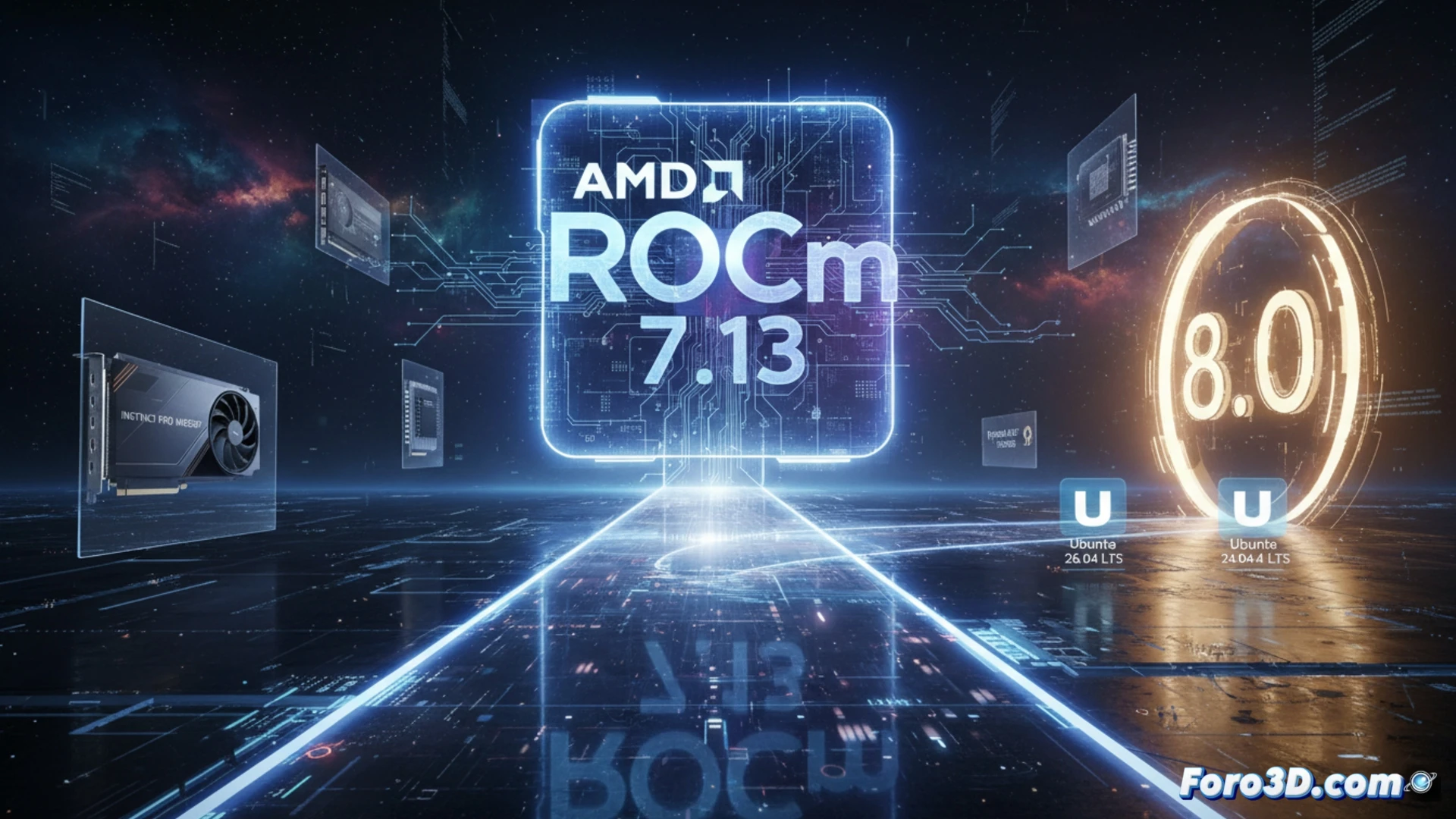 technical illustration of AMD Instinct MI350P accelerator being inserted into server motherboard slot, adjacent Radeon PRO W6800 GPU and Ryzen AI 300 series processor visible on cooling test bench, Ubuntu 26.04 LTS terminal interface reflected on metallic surface, engineering visualization showing hardware upgrade process, glowing ROCm SDK framework layers transitioning from version 7.13 to 8.0, precision robotic arm aligning PCIe connectors, photorealistic render with cool blue and amber industrial lighting, detailed chip architecture and thermal pads, cinematic depth of field