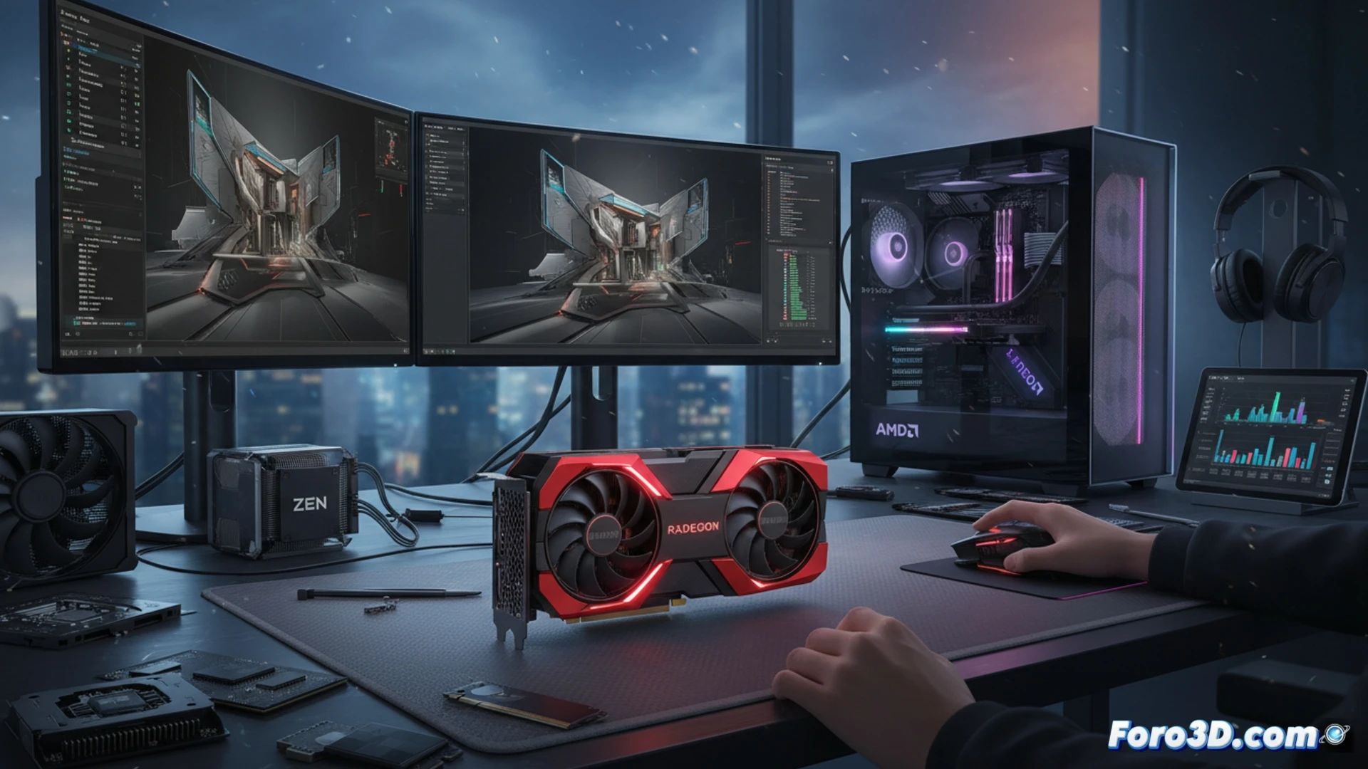 AMD Radeon RX 7700 XT con disipador de triple ventilador sobre escritorio de trabajo 3D