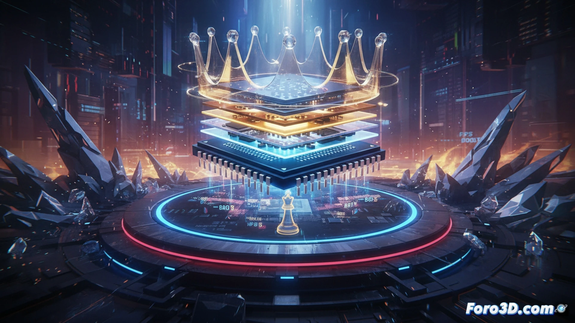 photorealistic technical visualization of a gaming PC motherboard close-up, a glowing Ryzen 7 processor being installed into an AM5 socket, a magnified cross-section of the CPU die revealing stacked 3D V-Cache layers with orange luminous data pathways, a transparent cooling block hovering above, while a monitor in the background displays real-time game benchmark graphs with rising frame rate bars, dramatic blue and orange LED lighting reflecting off metallic heatpipes, ultra-detailed gold contact pins, cinematic engineering render