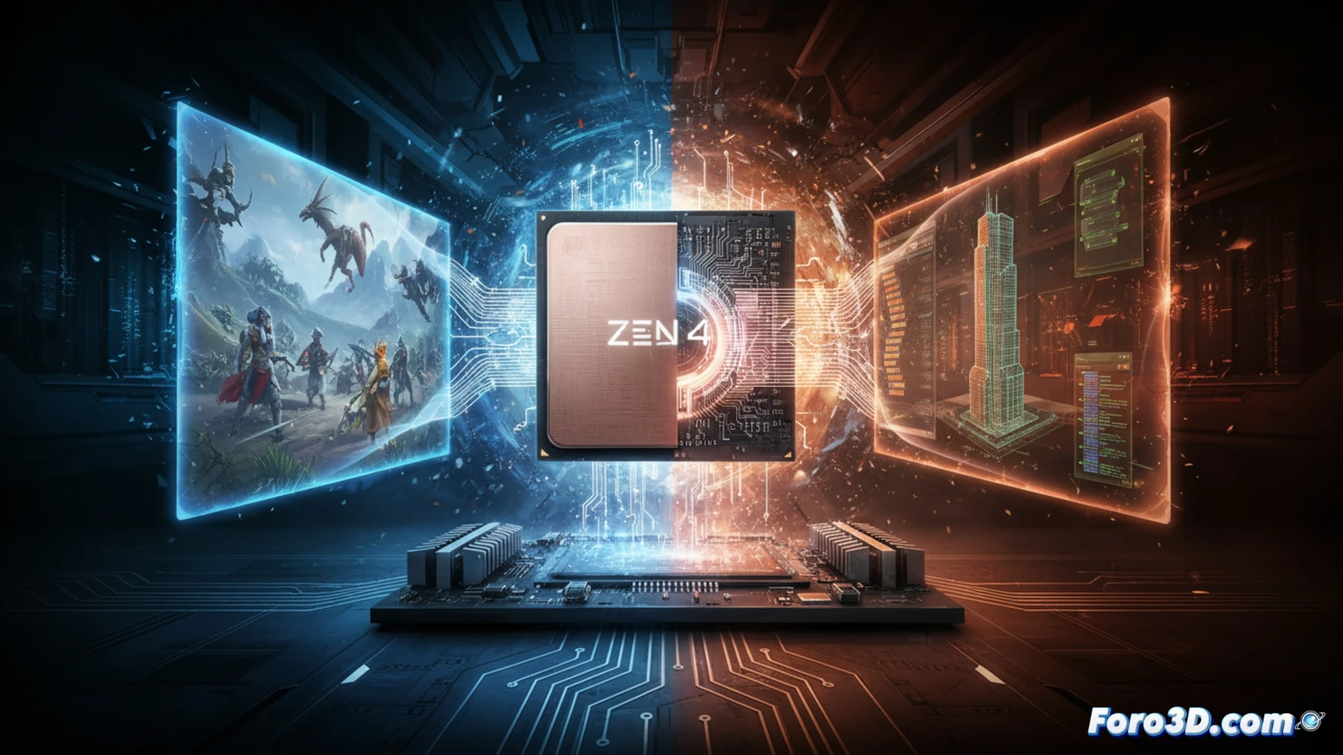 AMD Ryzen 9 7950X3D con 3D V-Cache sobre placa base, ideal para modelado 3D y renderizado