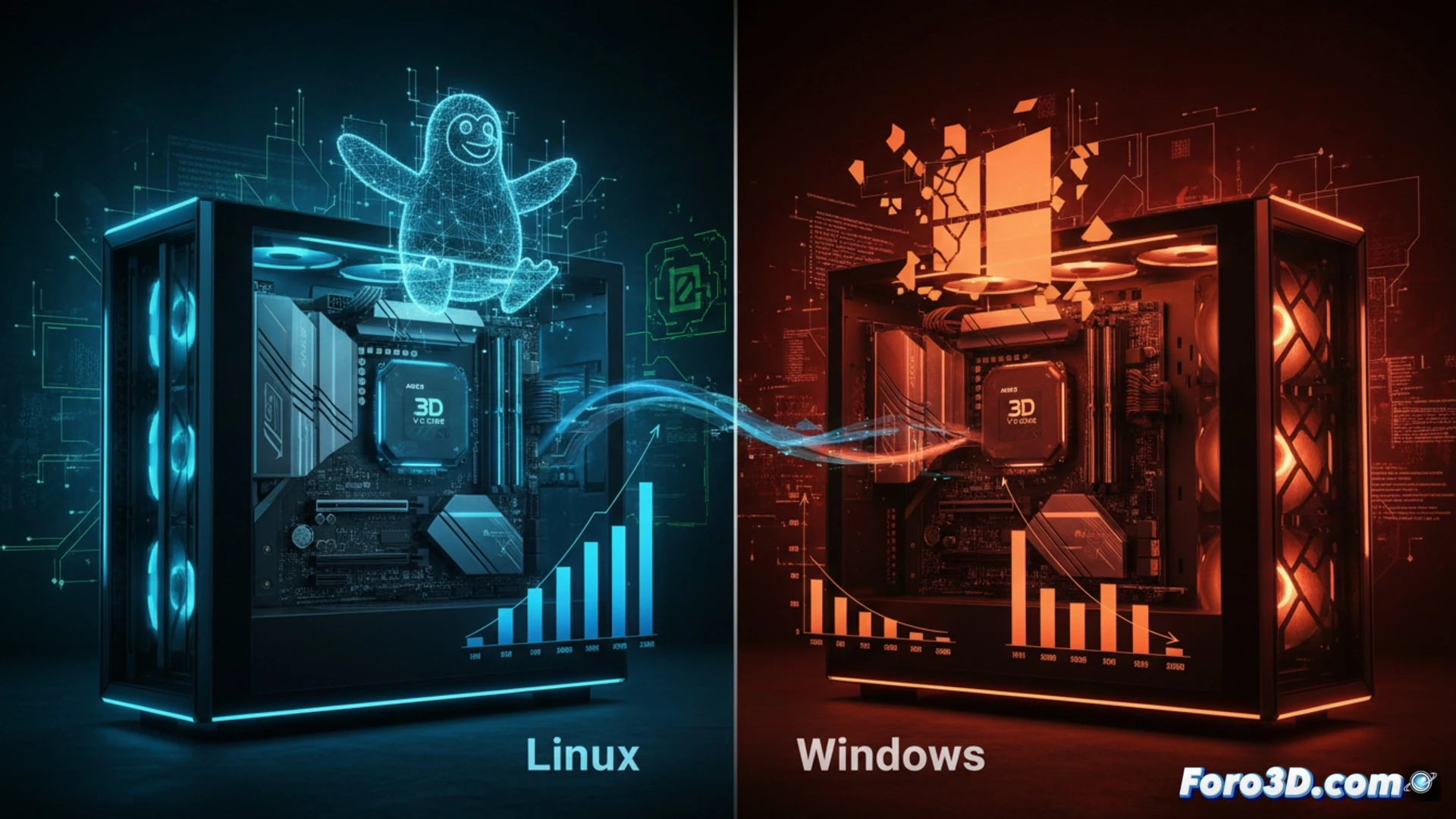 AMD Ryzen 9 9950X3D2 processor installed on ASRock X870E Taichi motherboard, Ubuntu 26.04 terminal showing benchmark graphs while Windows 11 Pro logo dims in background, 3D V-Cache die illuminated with blue glow, Samsung 9100 PRO SSD and Radeon RX 9060 XT active, kernel optimization process visualized as glowing data streams flowing into CPU, cinematic technical illustration, photorealistic engineering visualization, dramatic dark lighting with neon accents, ultra-detailed motherboard traces and cache layers