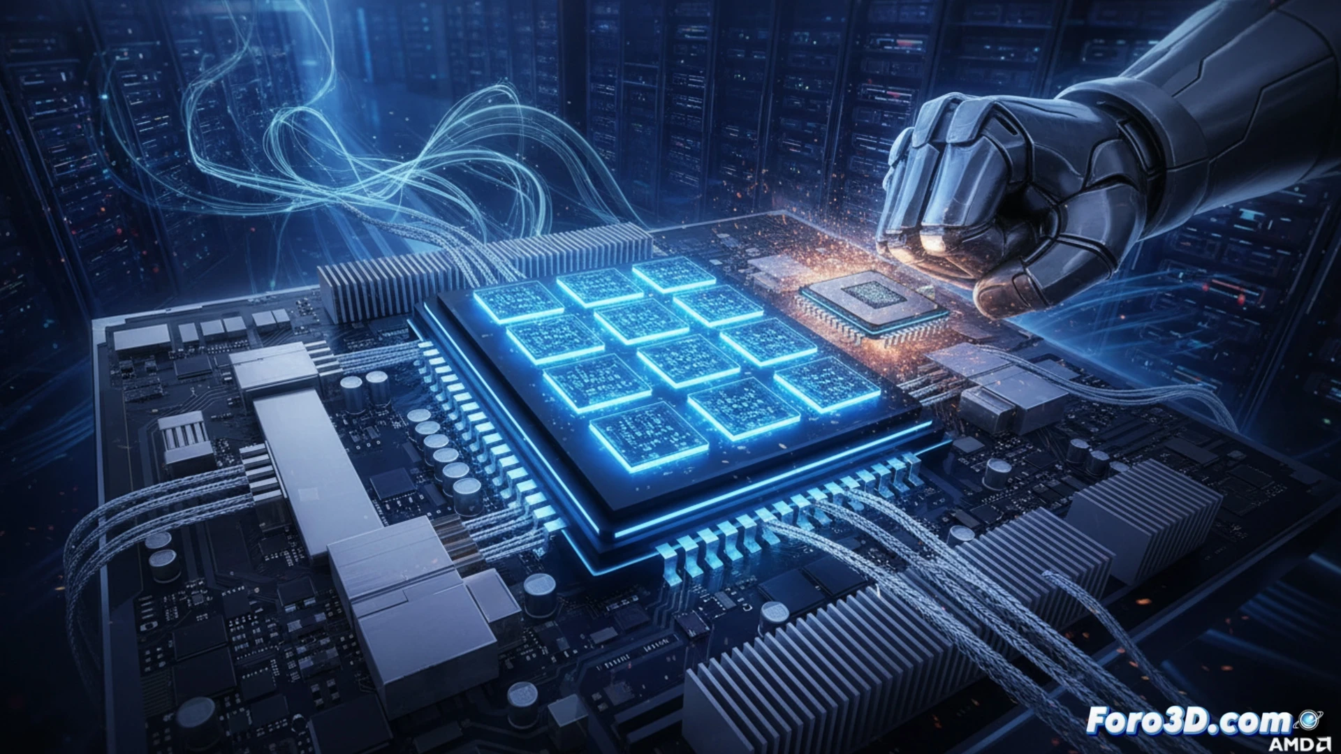 cinematic photorealistic engineering visualization of a massive 96-core CPU die being installed into a workstation motherboard, robotic arm placing the processor into a heavy-duty socket surrounded by industrial cooling pipes, 3D rendering software interface projected in holographic glow showing a complex architectural scene with millions of polygons, heat sinks glowing orange from intense computational load, motion blur on cooling fans spinning at high speed, dramatic dark workshop lighting with blue LED accents, ultra-detailed metallic surfaces and circuit traces, demonstrating raw processing power during a massive render workload
