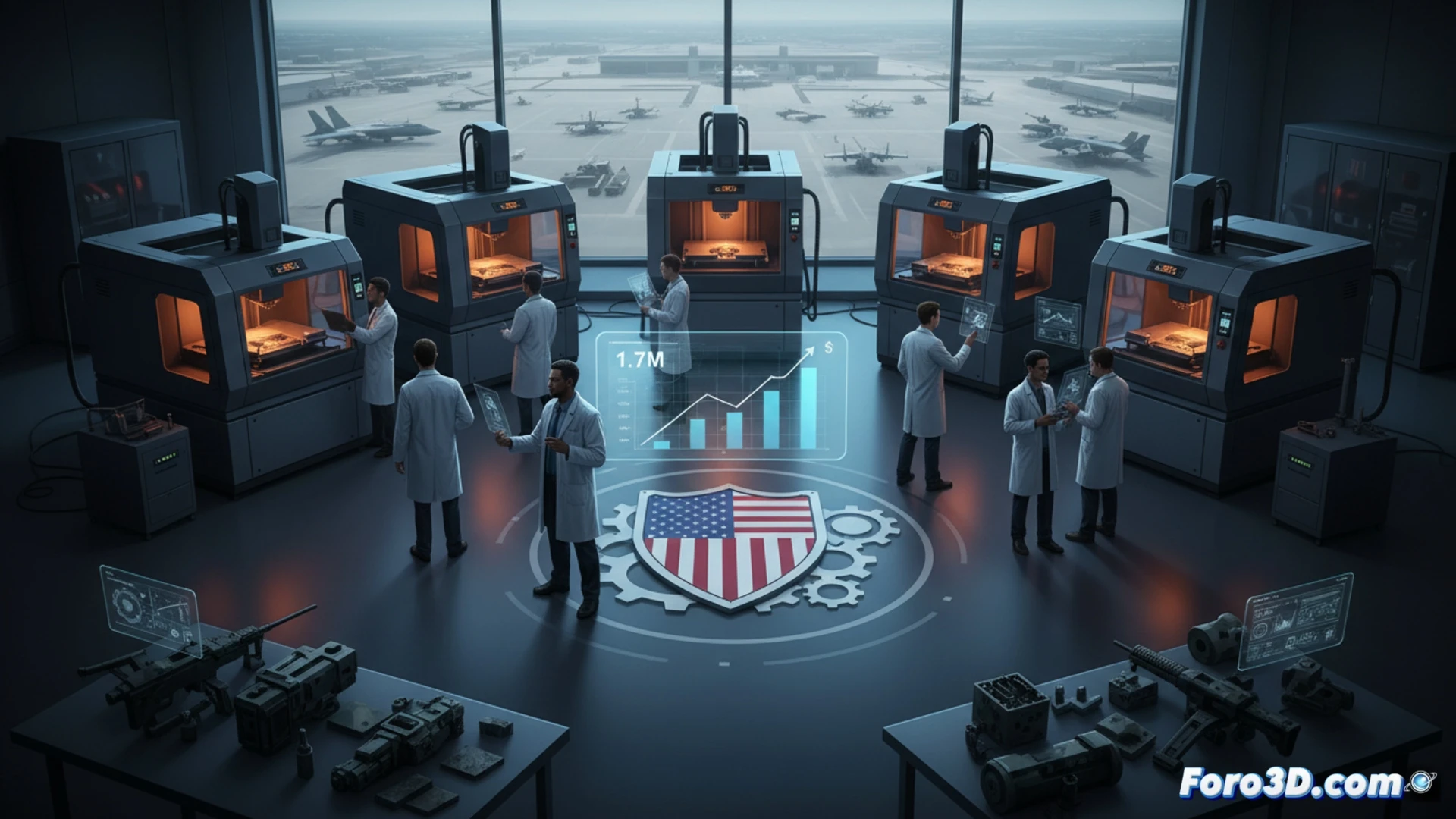 Industrial additive manufacturing facility with three large metal 3D printers actively printing titanium aerospace components, robotic arm removing a finished turbine blade from build platform, laser sintering process visible through chamber window, glowing orange print bed, engineers in protective gear inspecting a completed bracket with digital calipers, holographic quality control display floating above workstation showing layer-by-layer analysis, military-grade metal powder containers labeled with certification seals, dramatic blue and orange lighting, metallic reflections on polished surfaces, photorealistic technical engineering visualization