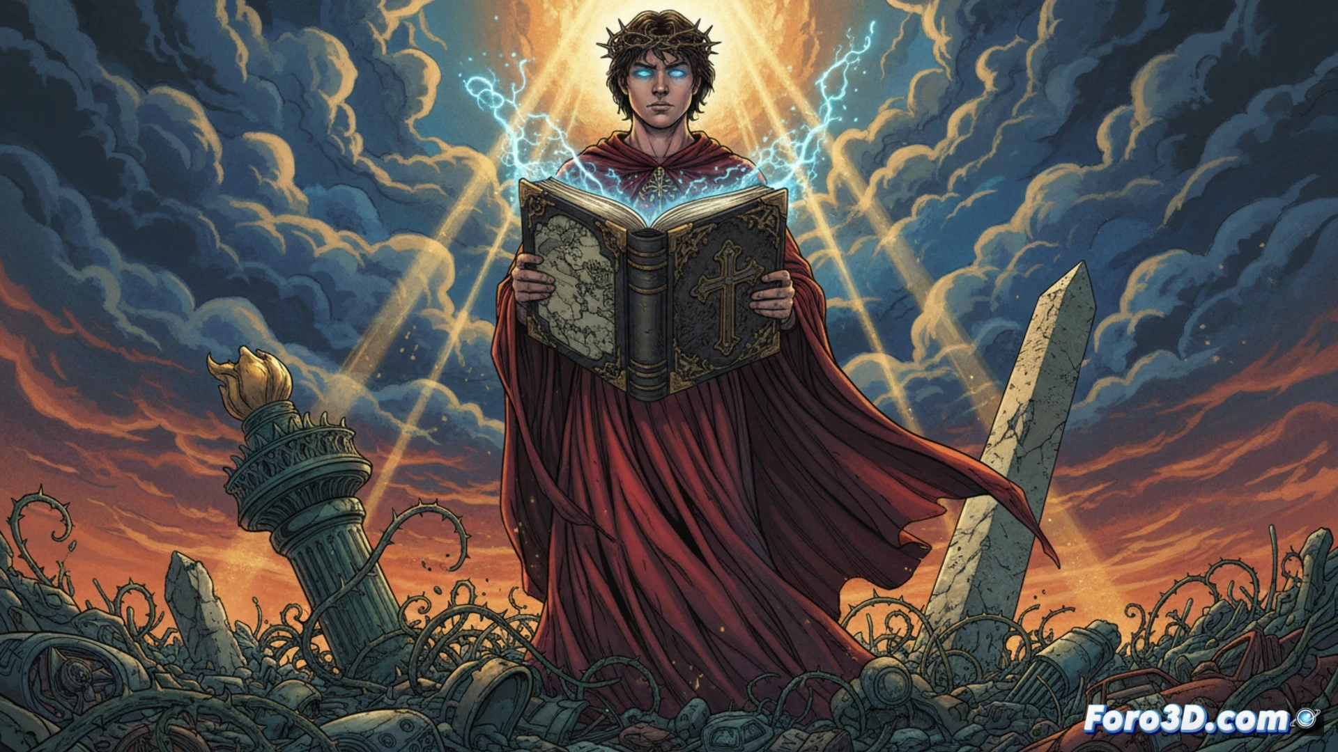 Portada de lujo de American Jesus: un niño con aureola luminosa sobre fondo rojo y negro, con símbolos religiosos y sombras dramáticas.