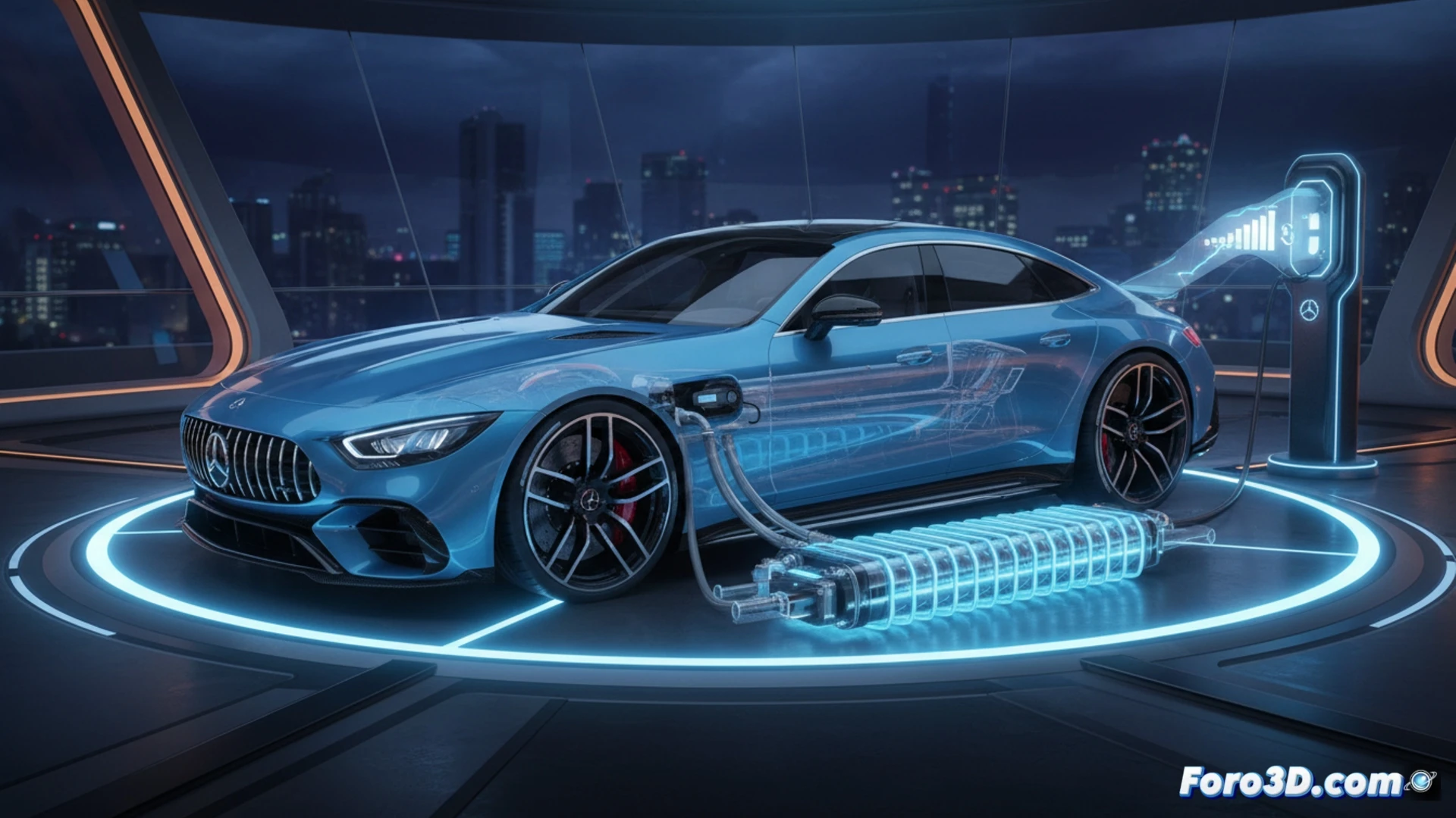 Mercedes AMG GT electrico bateria ultrafina siendo ensamblada en fabrica de alta tecnologia, tecnicos roboticos insertando celdas cilindricas de una pulgada en una estructura plana de chasis, aceite refrigerante no conductor fluyendo a traves de canales microscopicos visibles en corte transversal, sistema de carga ultrarrápida conectado mostrando flujo de energia en 11 minutos, ingenieria de Formula 1 aplicada a baterias deportivas, iluminacion industrial azul y naranja, superficies metalicas pulidas, cables de alta tension brillando, cinematic engineering visualization, photorealistic technical render, accion de montaje en progreso