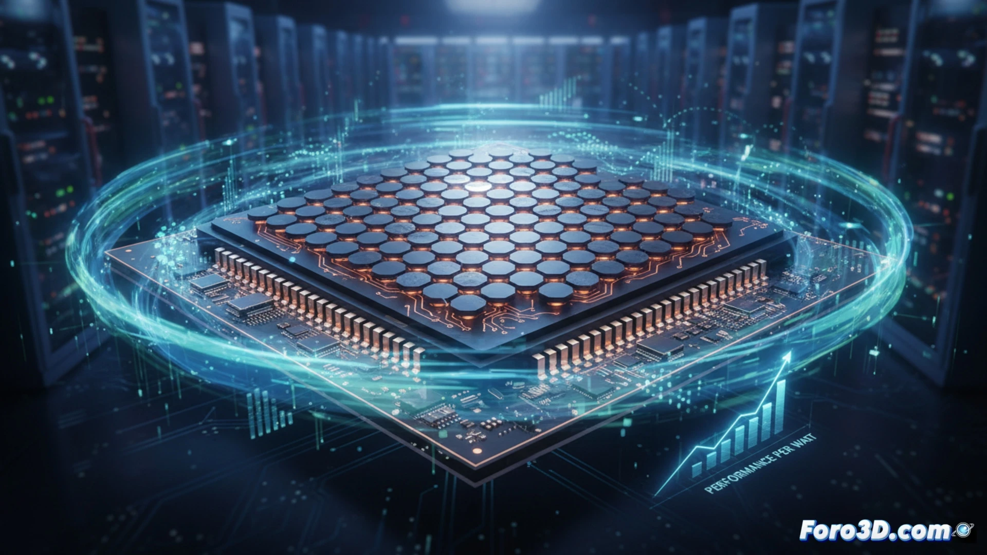 Ampere Altra Max processor wafer held by robotic arm in data center server rack, 128 core grid glowing with blue energy lines, heat sink fins directing airflow over chip, server blades sliding into chassis during hot-swap maintenance, green efficiency metrics projected as holographic graphs above rack, cooling fans spinning with visible vapor trails, cinematic engineering visualization, metallic blue motherboard traces, photorealistic technical illustration, dramatic low-angle lighting, clean room environment with soft particle reflections