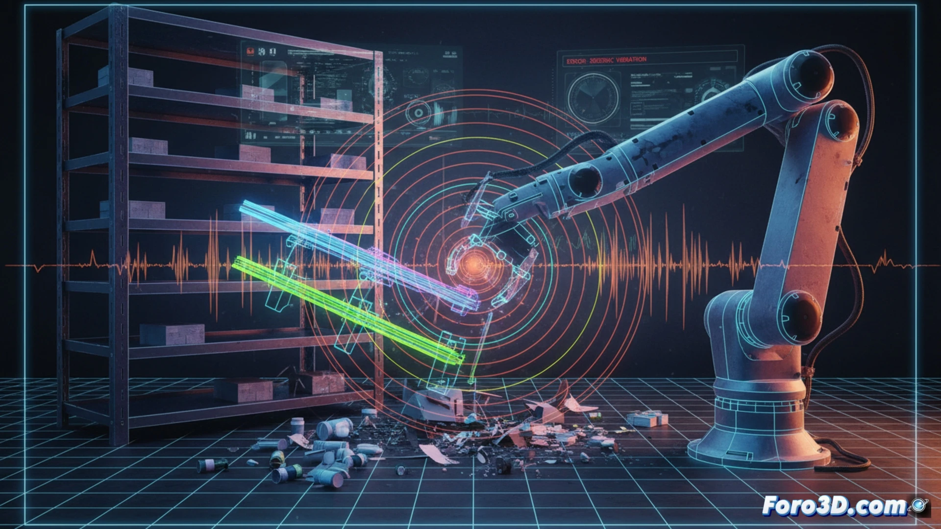 Simulación 3D de colisión de brazo robótico en farmacia robotizada por vibraciones sísmicas en rieles guía