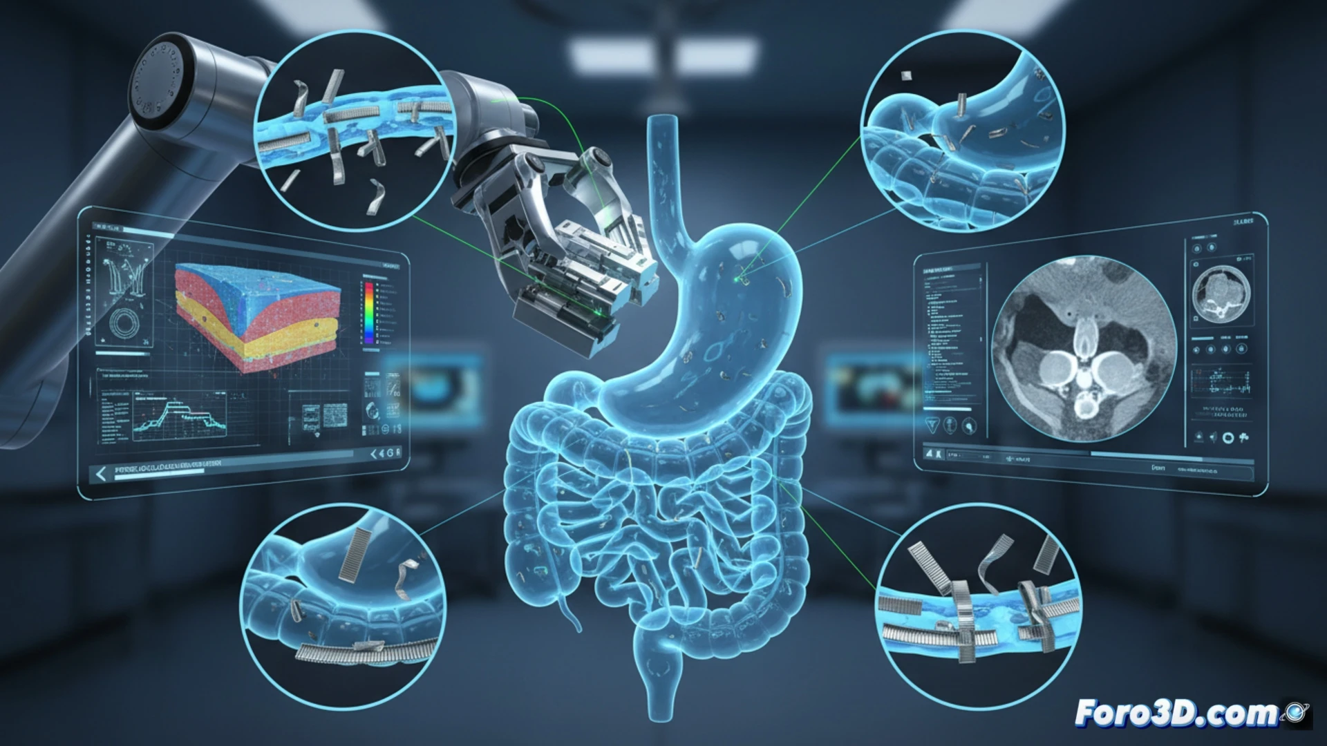 Micro-CT de grapa quirúrgica de titanio deformada en tejido intestinal tras cirugía robótica fallida