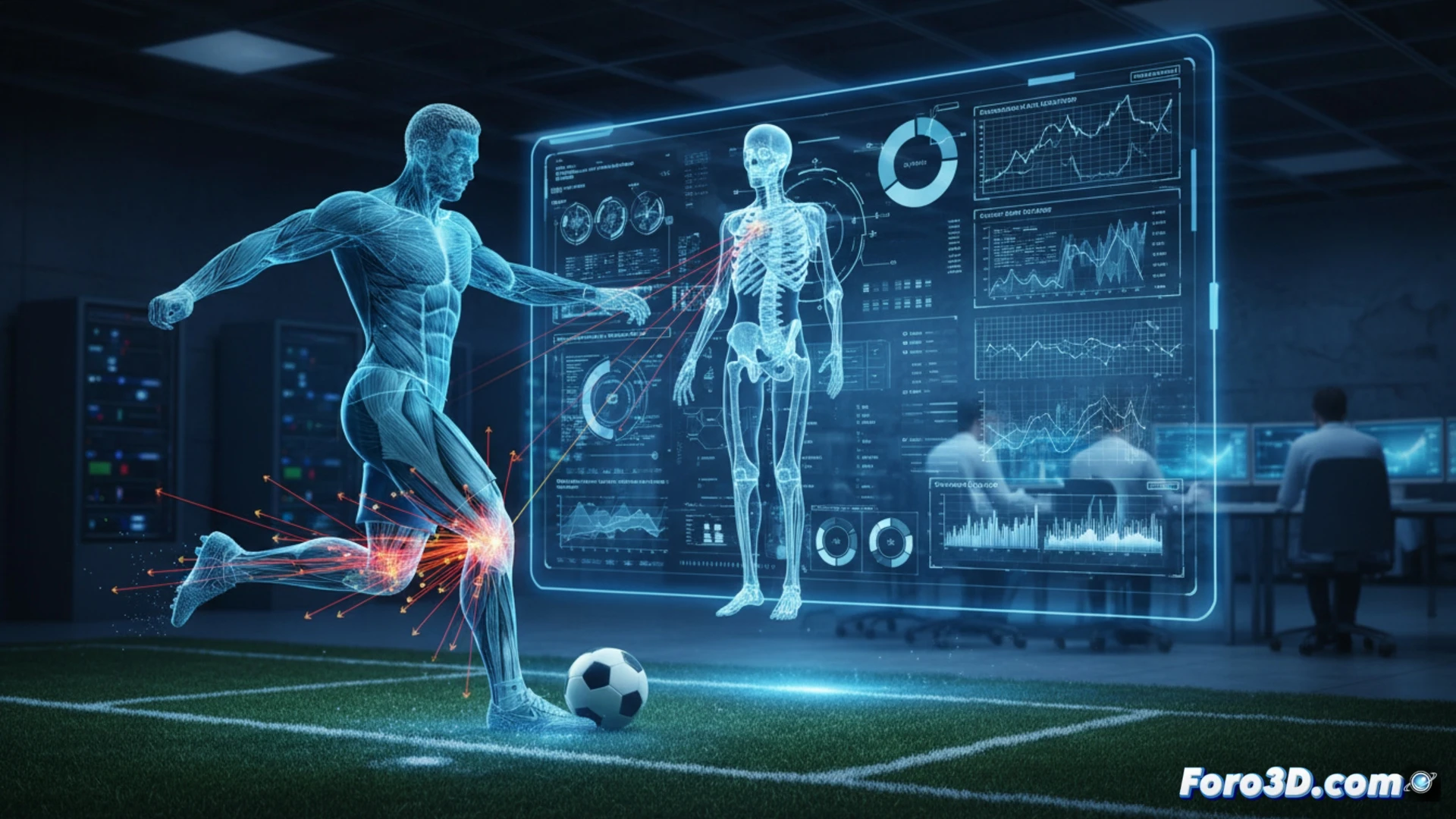 Futbolista en acción con análisis biomecánico 3D de fuerzas en piernas y articulaciones