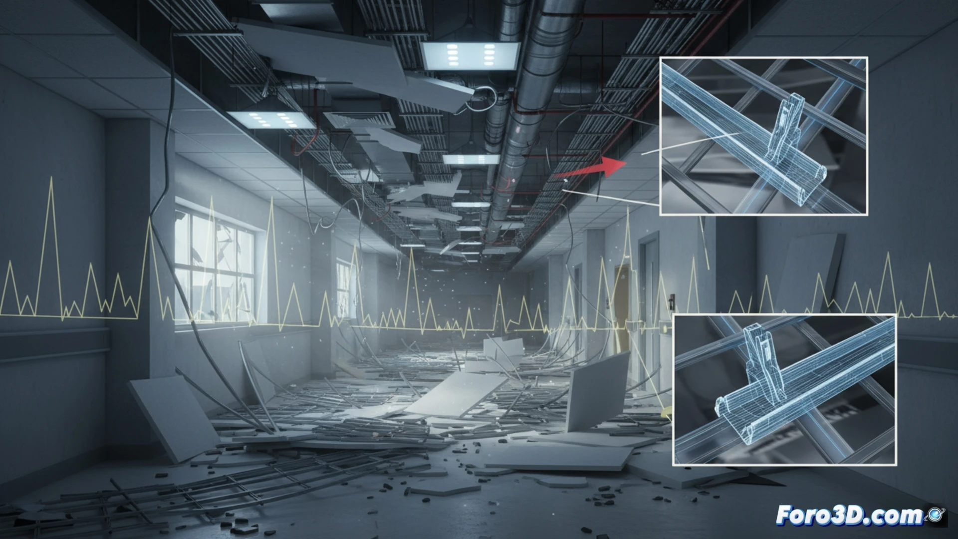 Simulación 3D de falsos techos colapsados en hospital tras sismo leve, mostrando paneles caídos y cuadrícula metálica deformada