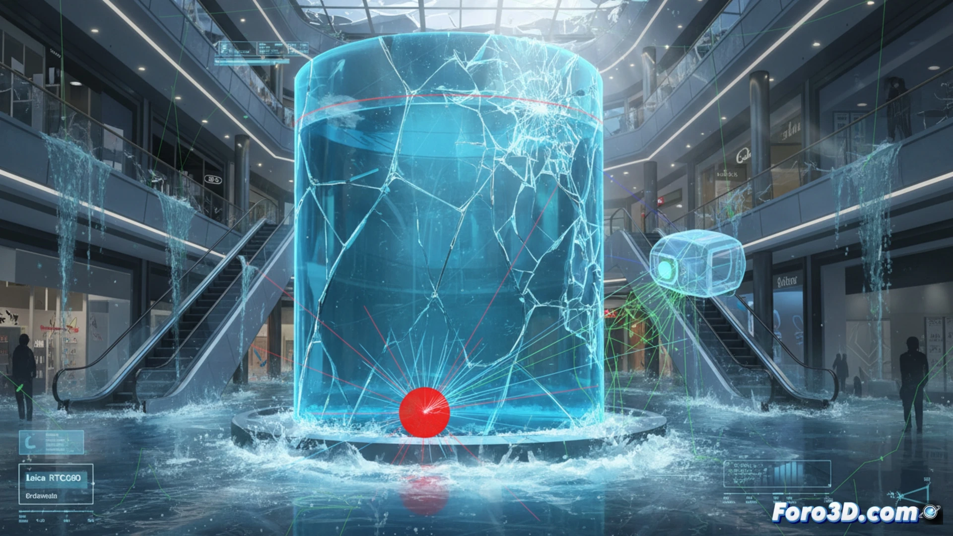 Reconstruccion 3D del colapso de acuario gigante por microfisura en metacrilato