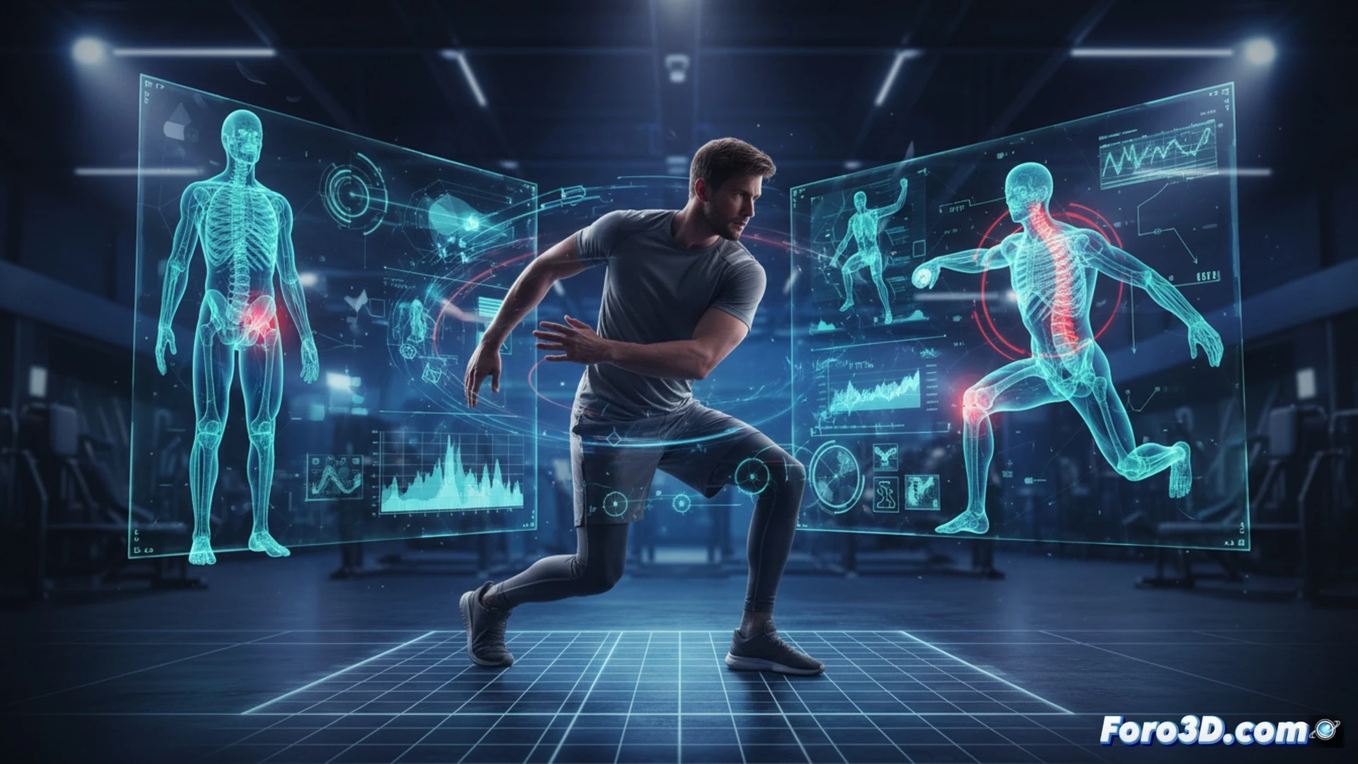 Entrenador deportivo analizando movimiento en simulacion 3D para prevenir lesiones laborales y mejorar su salud fisica