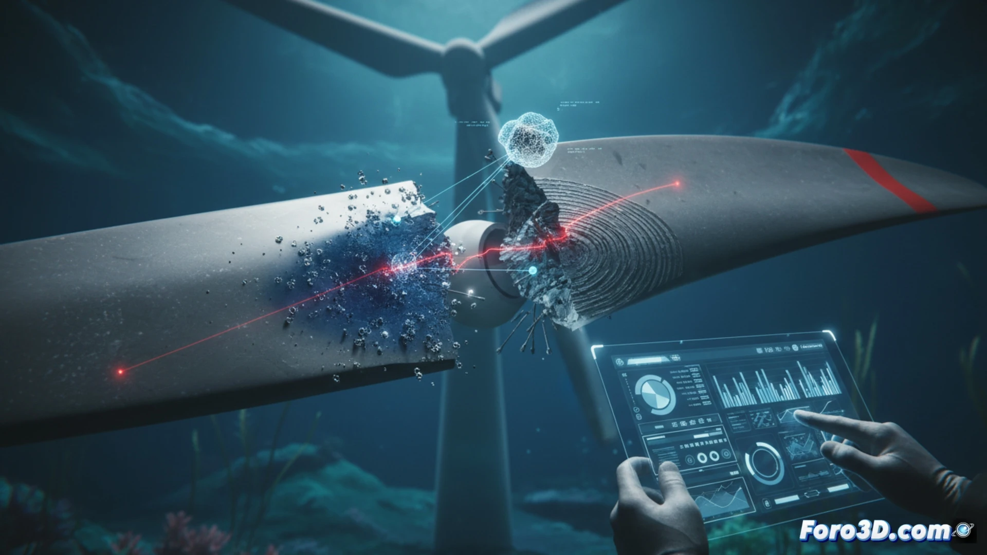 Reconstruccion 3D de fractura por fatiga en pala de turbina mareomotriz con marcas de impacto FOD