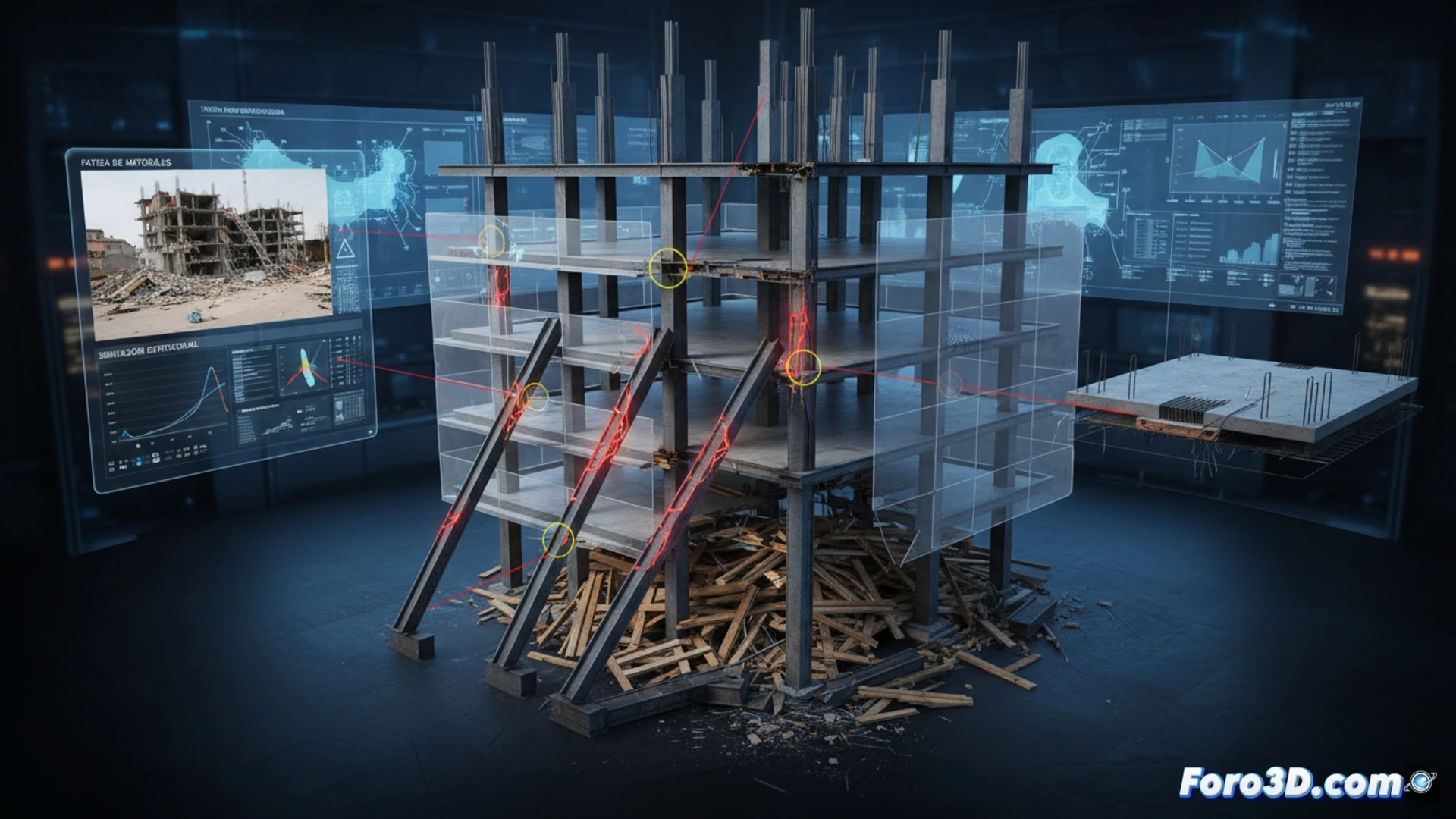 Simulación 3D de colapso de apuntalamiento en obra de construcción, análisis de fatiga de materiales