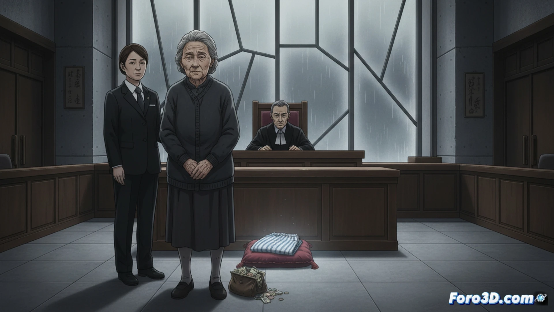 Photorealistic cinematic scene showing an elderly woman seated in a sterile Japanese interrogation room, hands resting on a small metal table, a forensic officer holding a transparent evidence bag containing a folded blue pijama, while a digital monitor displays a criminal record list with multiple entries, clinical overhead fluorescent lighting casting harsh shadows, worn wooden floorboards, subtle dust particles floating in air, high-contrast documentary style, detailed facial wrinkles and tired expression, technical crime documentation atmosphere, sharp depth of field, realistic textures on fabric and plastic evidence bag, muted institutional color palette