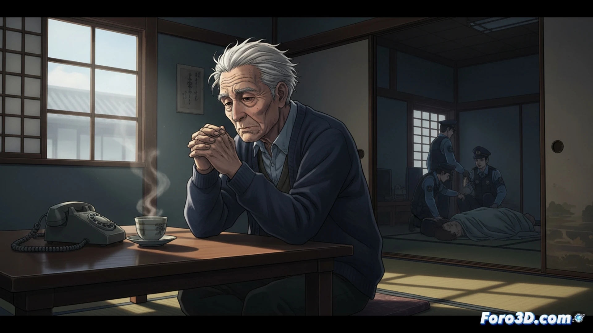 Un anciano esposado es escoltado por policías frente a una casa rural en Fukushima, al amanecer.