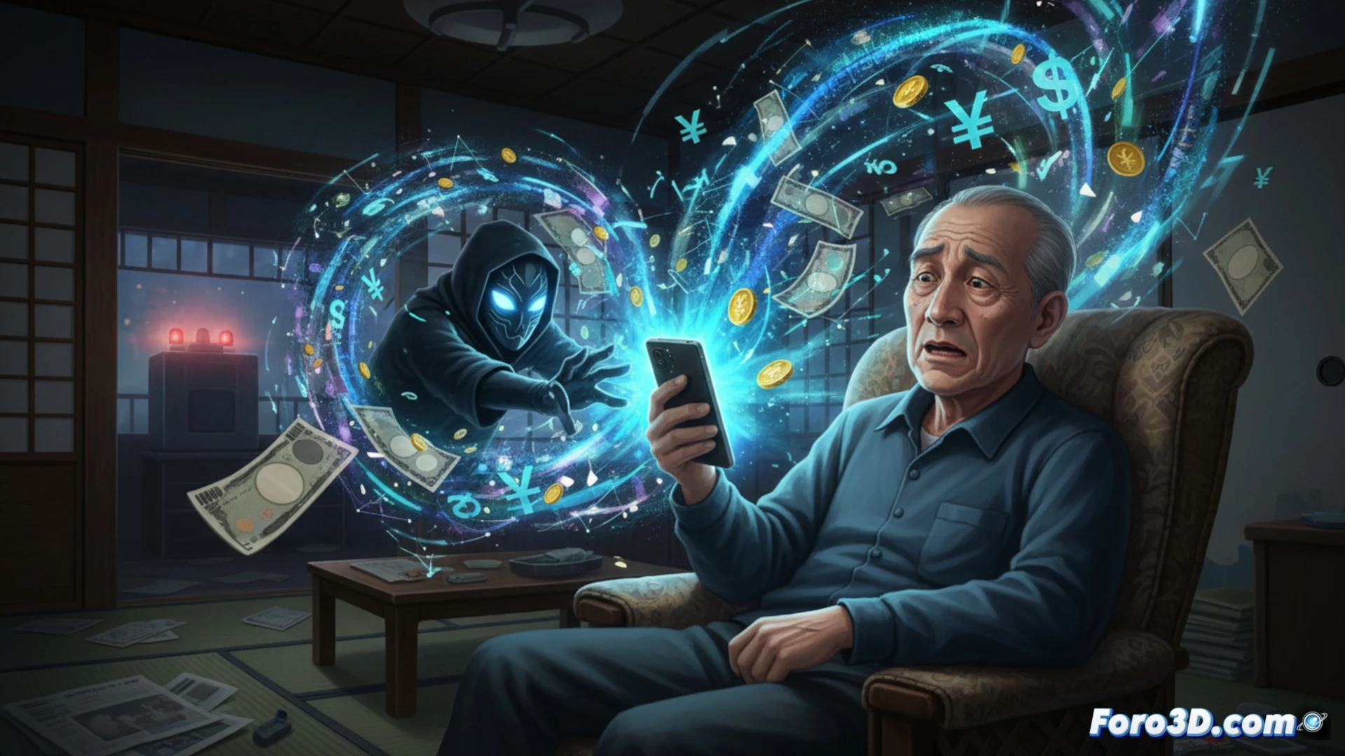 Elderly man at wooden desk in dimly lit Japanese home, smartphone screen glowing with fake investment app interface, digital yen symbols floating above phone while real cash stacks and gold coins on desk shrink into holographic illusion, hand reaching toward disappearing wealth, technical illustration style, photorealistic render, overhead dramatic lighting, SNS notification pop-ups on phone showing fraudulent profit graphs, shadowy figure reflection in phone screen, ultra-detailed textures of wrinkled skin and paper currency, cinematic composition highlighting financial loss process