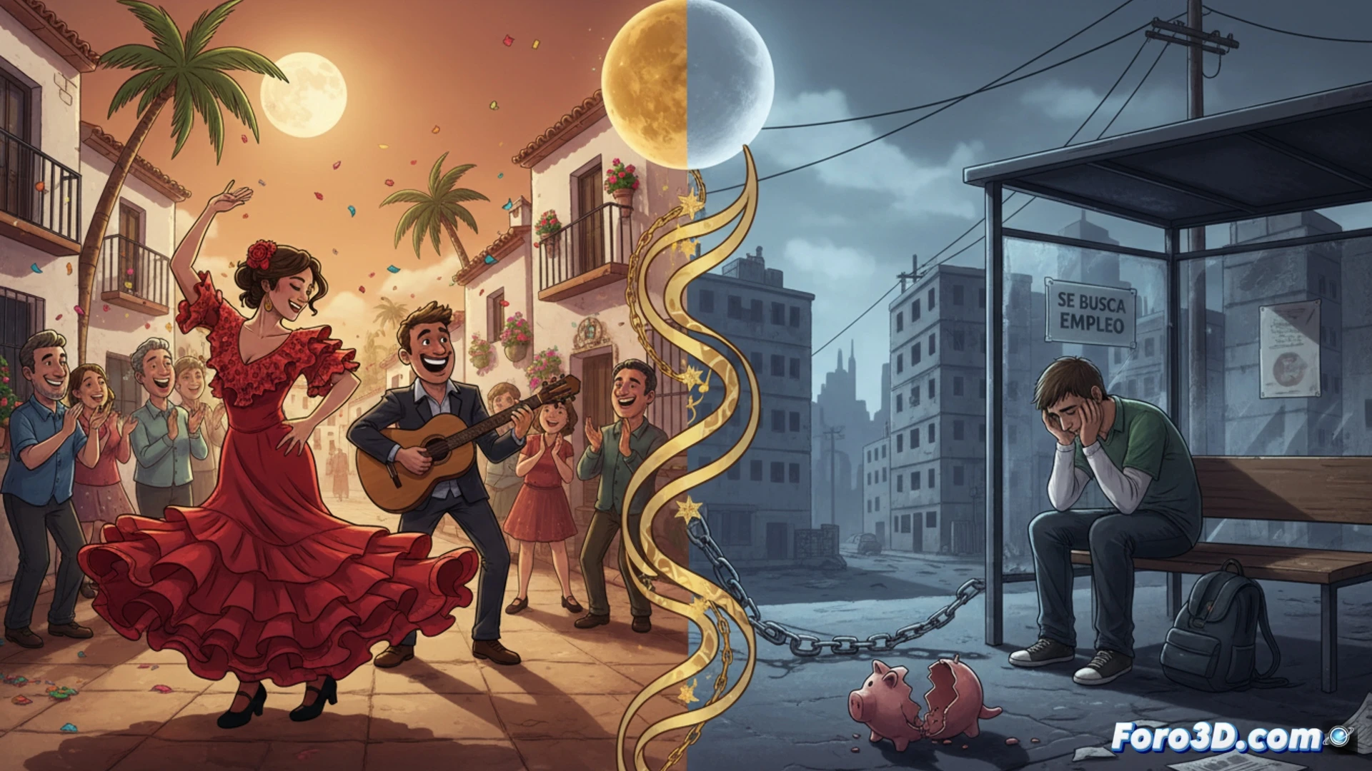 Una plaza andaluza festiva con guitarras y lunas, que se desvanece en calles vacías con jóvenes desempleados.