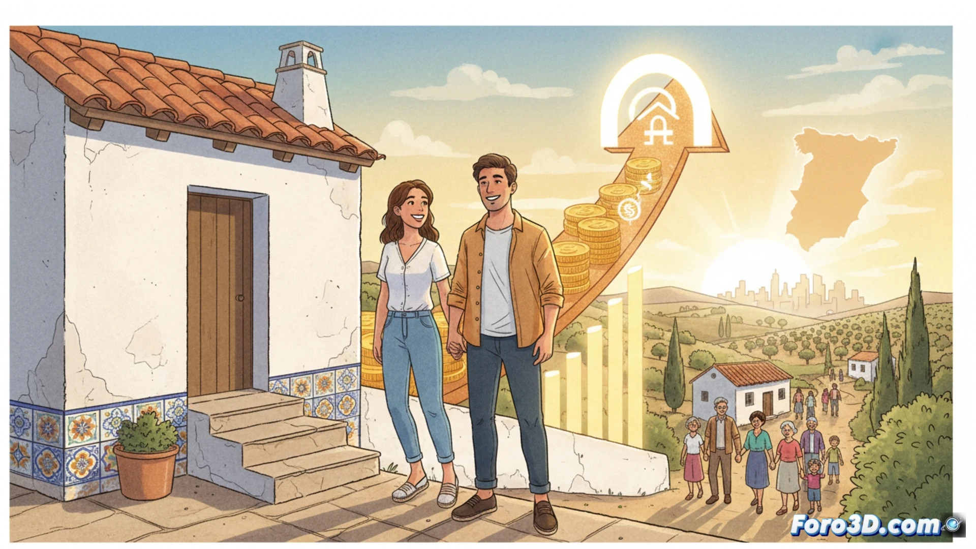 Imagen de Juanma Moreno sonriente, con viviendas en segundo plano y un cartel que dice 'Deducción fiscal ampliada para jóvenes y familias en Andalucía'.