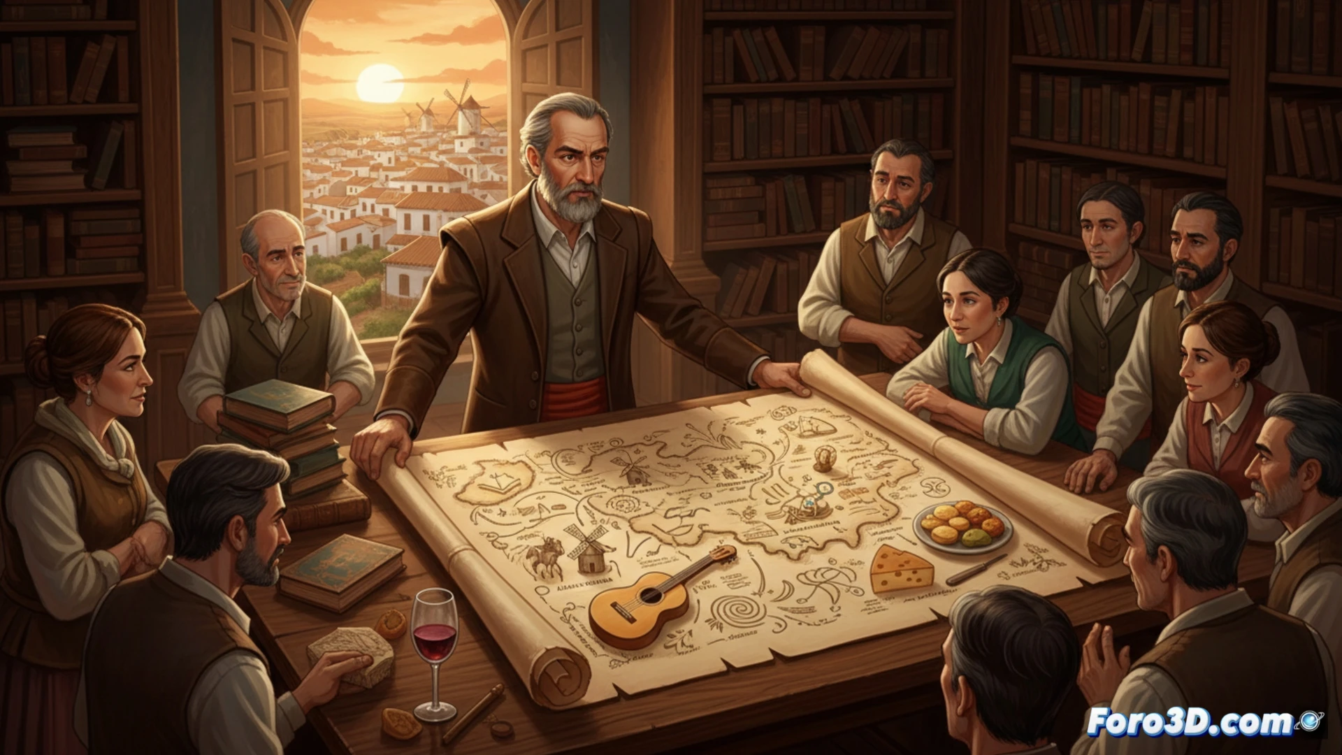 Andrés Mejía señalando un gran mapa desplegado sobre una mesa de madera durante la feria del libro, asistentes observando mientras él traza líneas rojas que conectan puntos geográficos con iconos de tradiciones manchegas, fondo con estanterías de libros y jarrones de barro, cámara lenta capturando el gesto de su mano sosteniendo un lápiz técnico, luz cálida de lámparas colgantes, estilo cinematográfico documental, textura de papel antiguo, enfoque nítido en los detalles del mapa, composición horizontal amplia.