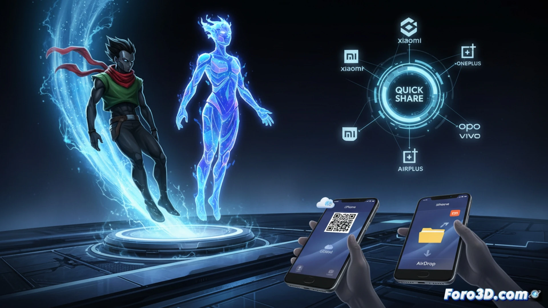 Un smartphone Android 17 muestra el logo de Gemini, junto a iconos de Xiaomi, Honor, OnePlus y iPhone compartiendo archivos con Quick Share.