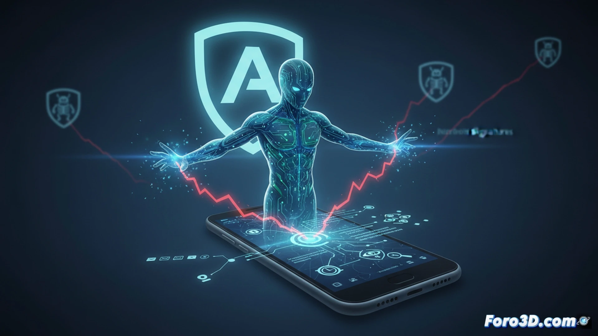 Un robot verde de Android 17 escanea un teléfono, detectando señales rojas de malware como SMS automáticos y procesos ocultos.