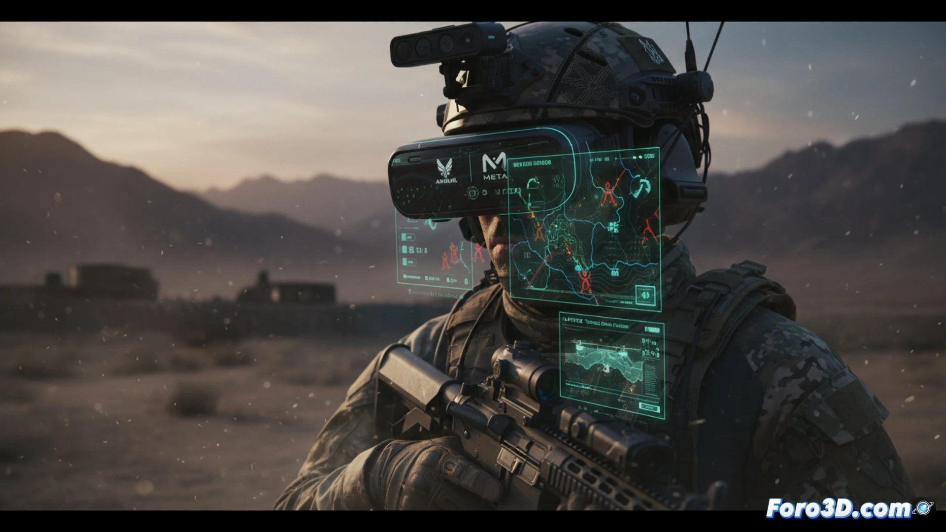 Soldado con casco EagleEye y gafas AR Meta en campo de batalla nocturno, mostrando superposición digital de mapa táctico en tiempo real, identificación de vehículo enemigo con retícula de distancia de tiro, plataforma Lattice fusionando datos tácticos sobre el entorno físico, iconos de amenazas flotantes en la visera, manos manipulando interfaz holográfica, fondo con humo y explosiones lejanas, cinematic photorealistic technical illustration, iluminación dramática azul y naranja, texturas metálicas detalladas, reflejos de datos en lentes, profundidad de campo militar