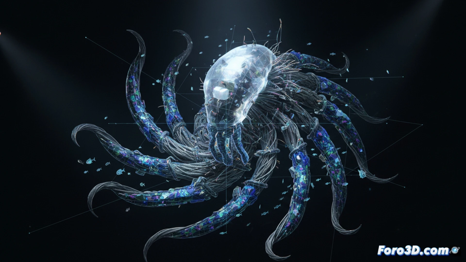 Anémona gigante Relicanthus con tentáculos filiformes de dos metros en fondo marino abisal, modelo 3D científico