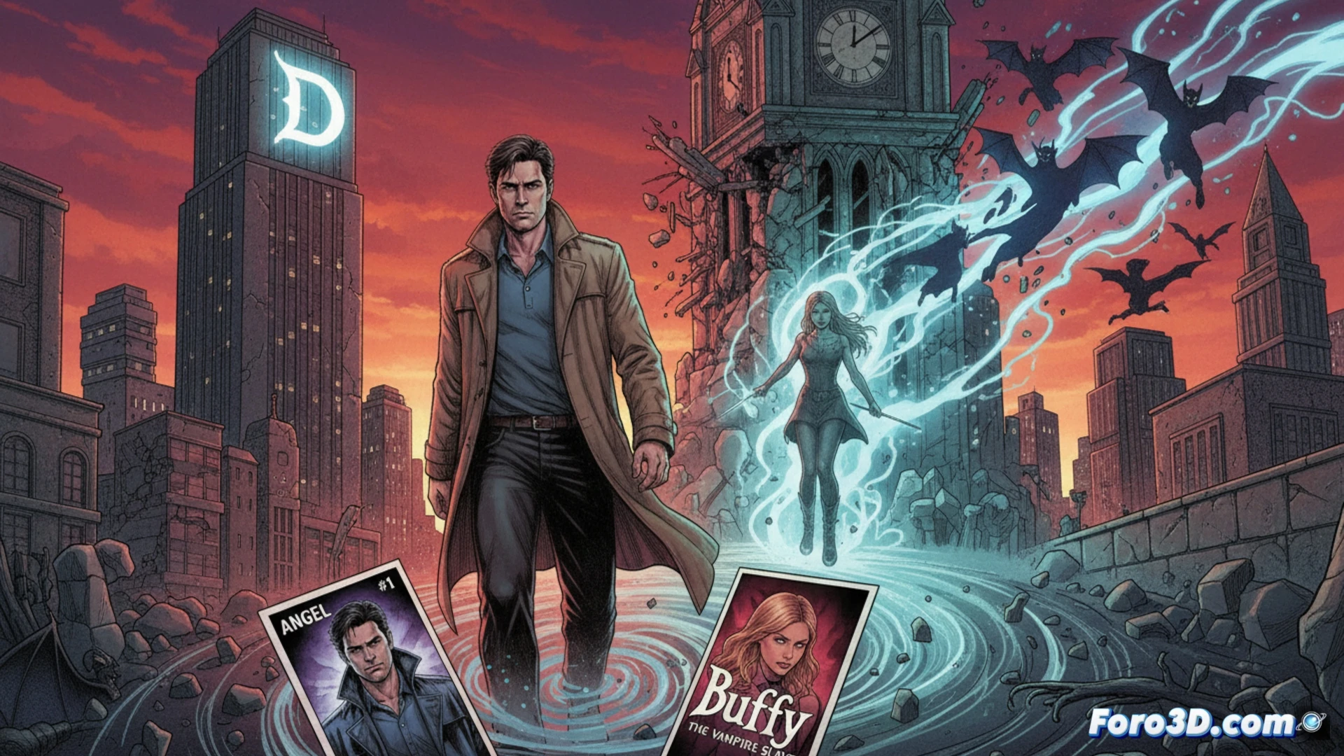 Dynamite Entertainment comic book workspace, open issue of Angel #1 lying flat with Buffy #1 beside it, ink pen resting on a drafting table, blue and red colour proof markers near Lee Loughridge's name in the credits, Jeff Eckleberry's lettering grid visible on a layout sheet, multiple variant cover sketches pinned to a corkboard, vampire hunter silhouette cast across the table, dramatic overhead lamp highlighting the sequential art panels, photorealistic technical illustration, cinematic deep shadows, crisp paper texture, professional studio atmosphere.