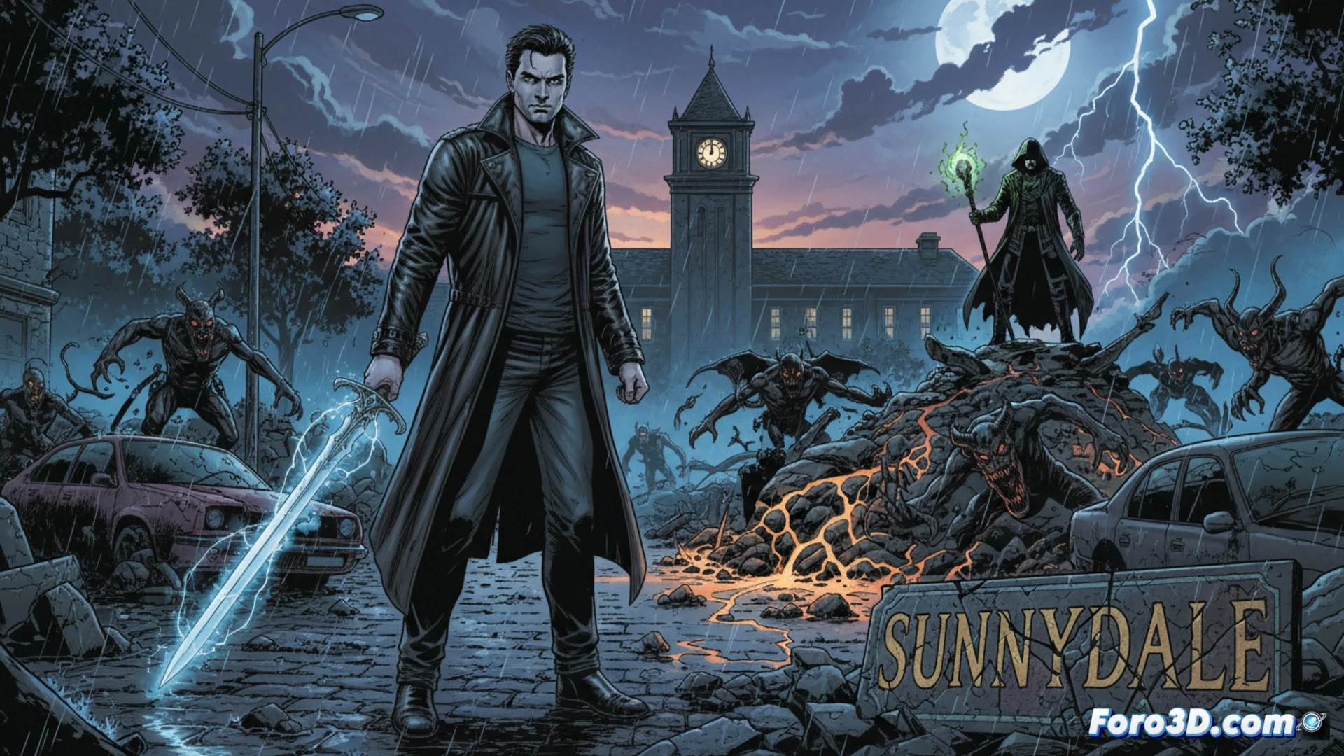 vampire detective Angel standing in ruined Sunnydale high school library at night, holding a crossbow while facing a glowing dimensional rift, dust motes floating in moonlight, broken shelves and scattered books around him, leather coat billowing, dark alley visible through shattered windows, cinematic comic book style, dramatic shadows and highlights, gothic horror atmosphere, action pose mid-stride, glowing magical energy particles, photorealistic render with cel-shaded accents, ultra-detailed facial expression showing determination