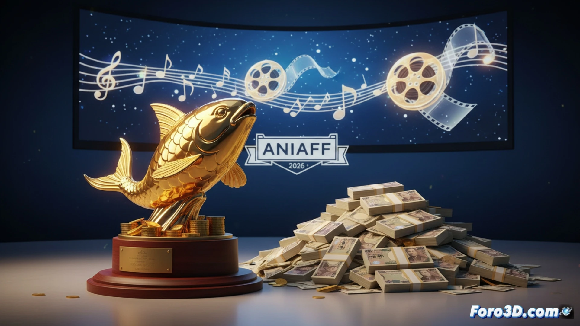 Golden Shachi trophy being handed to an animator at a film festival stage, large screen behind showing a clean music rights clearance checklist interface, animator holding a tablet with copyright management software open, other animators in audience watching, cinematic technical illustration, dramatic spotlight on trophy, stage lights reflecting off metallic surfaces, ultra-detailed render, photorealistic style, professional event atmosphere