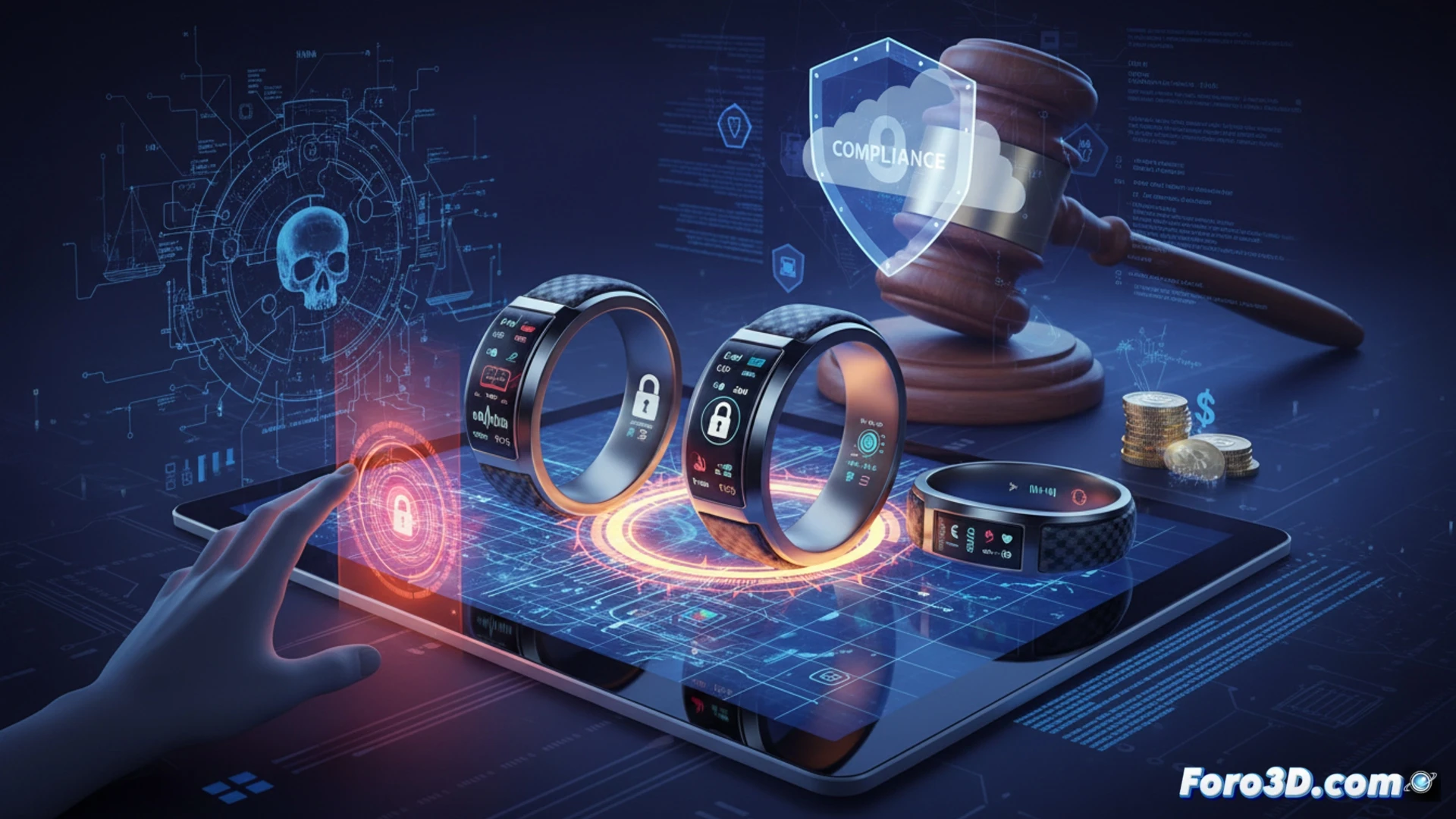 Anillo inteligente dorado sobre fondo oscuro con iconos de datos y candado, simbolizando bloqueo por suscripción