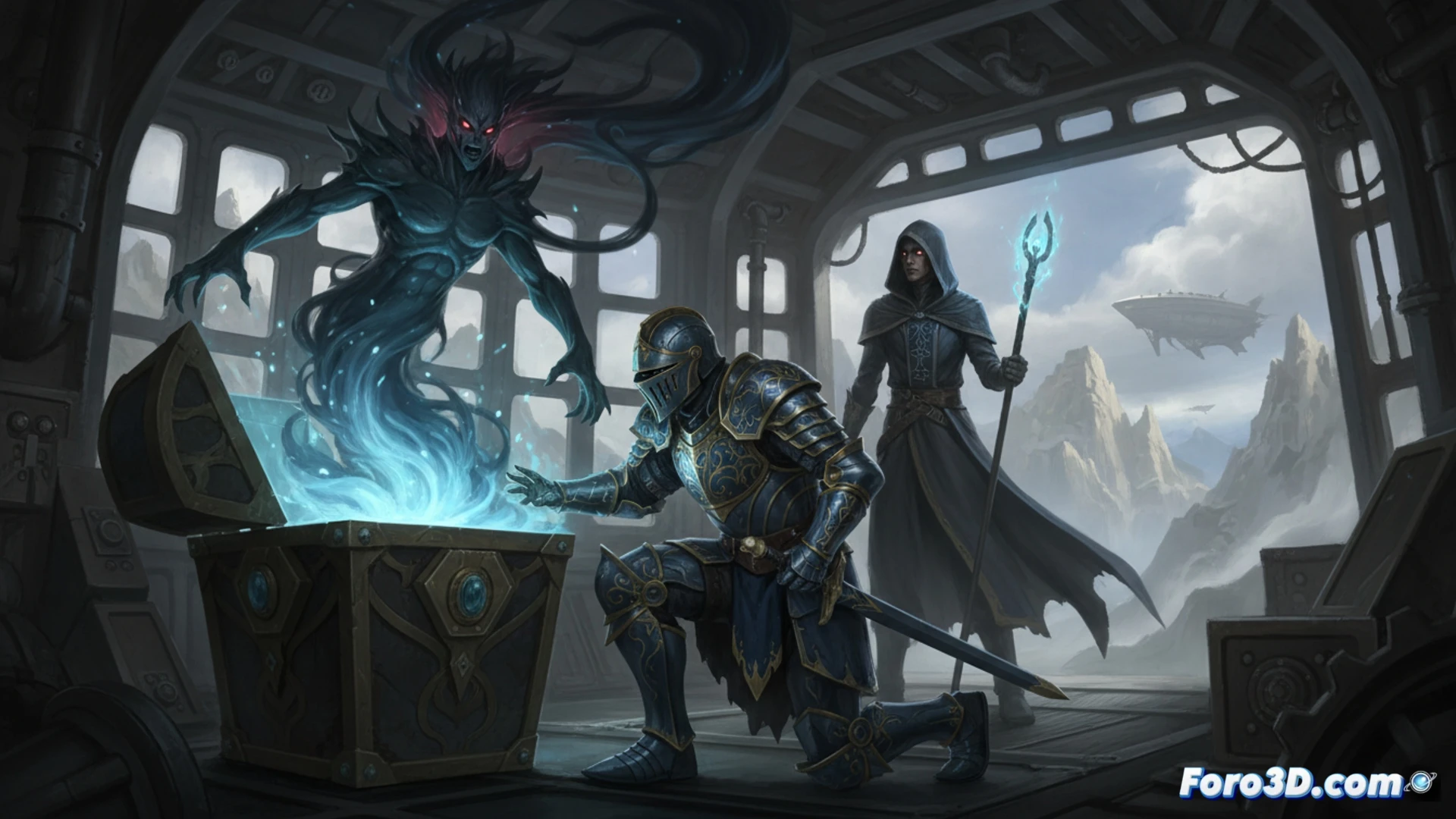 two ethereal characters mid-combat on a crashing zeppelin deck, one armored knight releasing a glowing entity from a broken relic, the other a spectral figure wielding arcane energy, dark abyss creatures emerging from torn metal hull, particle effects of blue and gold magic colliding, dust and debris suspended in air, dramatic storm clouds visible through shattered windows, cinematic fantasy action scene, photorealistic rendering, dynamic motion blur, glowing rune patterns on weapons, high-contrast lighting with deep shadows, ultra-detailed armor textures and creature scales